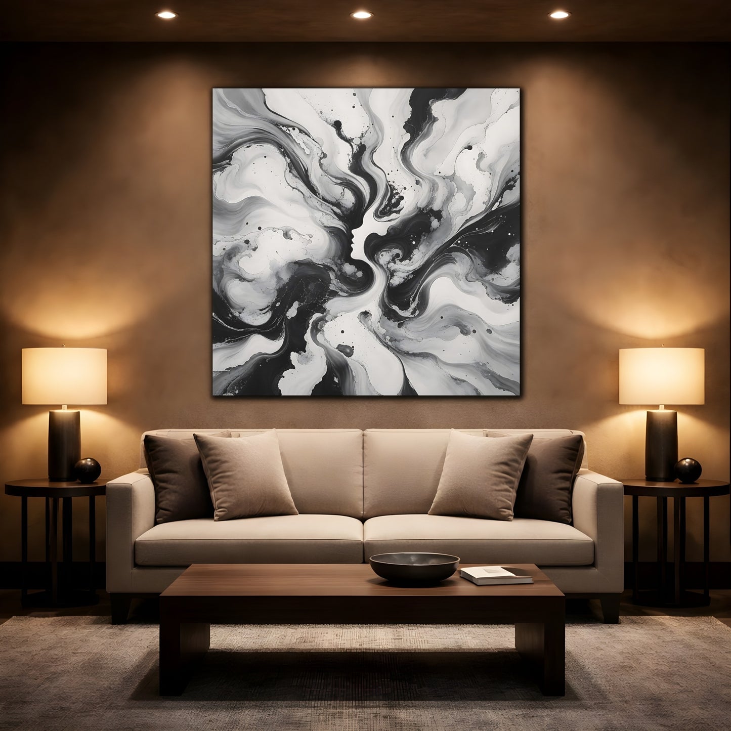 Mockup 2. Abstract Female Silhouette Black And White shown as stretched canvas wall art