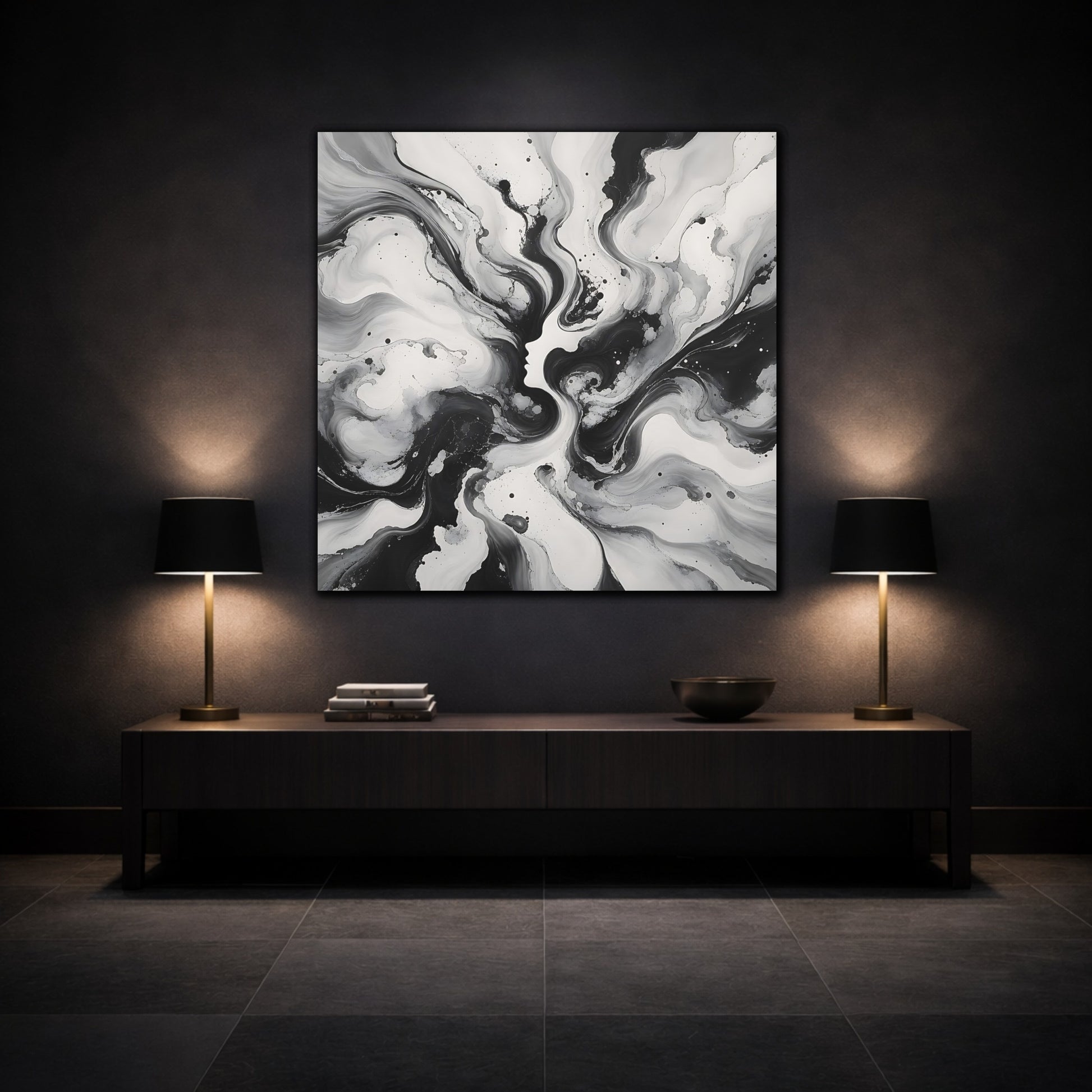 Mockup 3. Abstract Female Silhouette Black And White shown as stretched canvas wall art