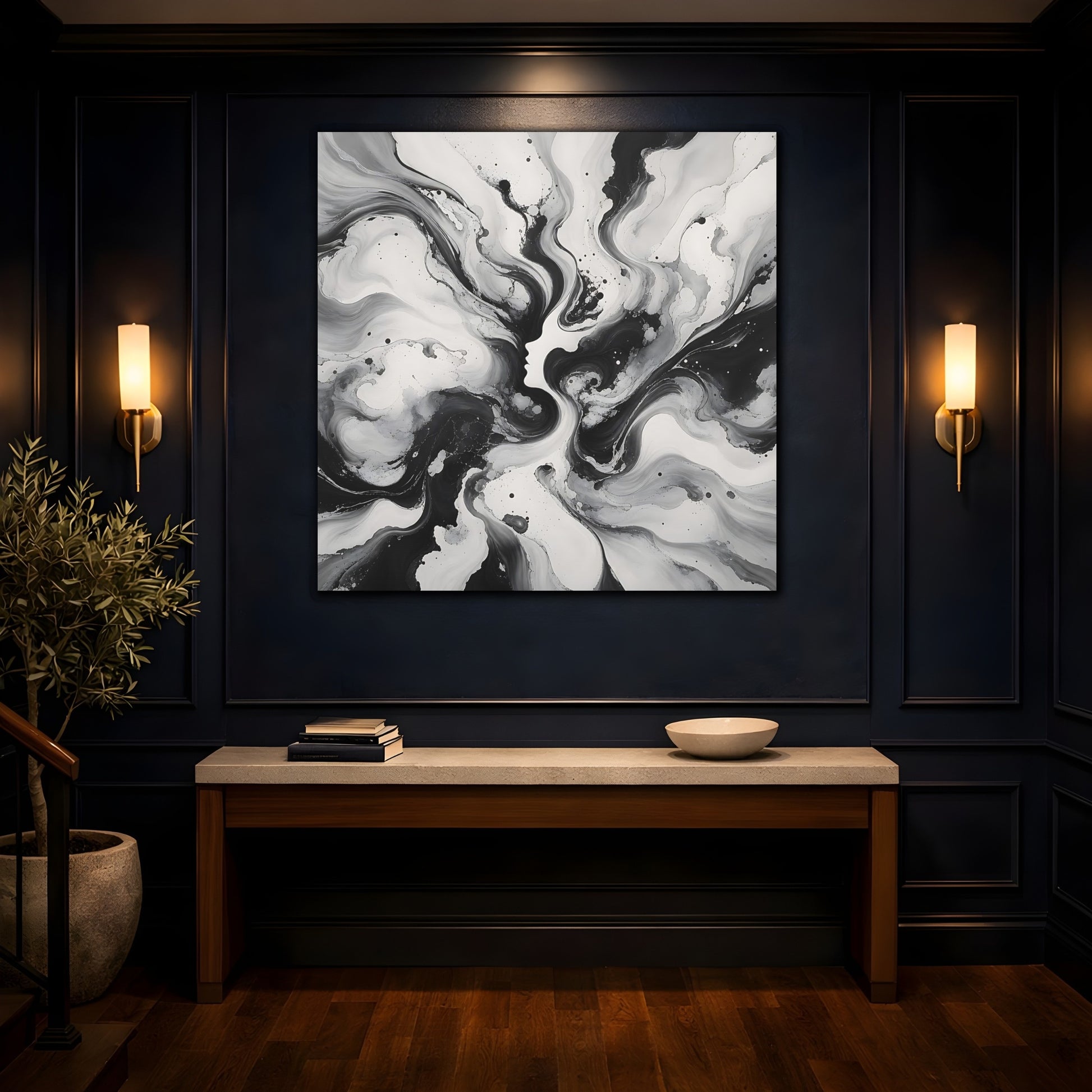 Mockup 4. Abstract Female Silhouette Black And White shown as stretched canvas wall art