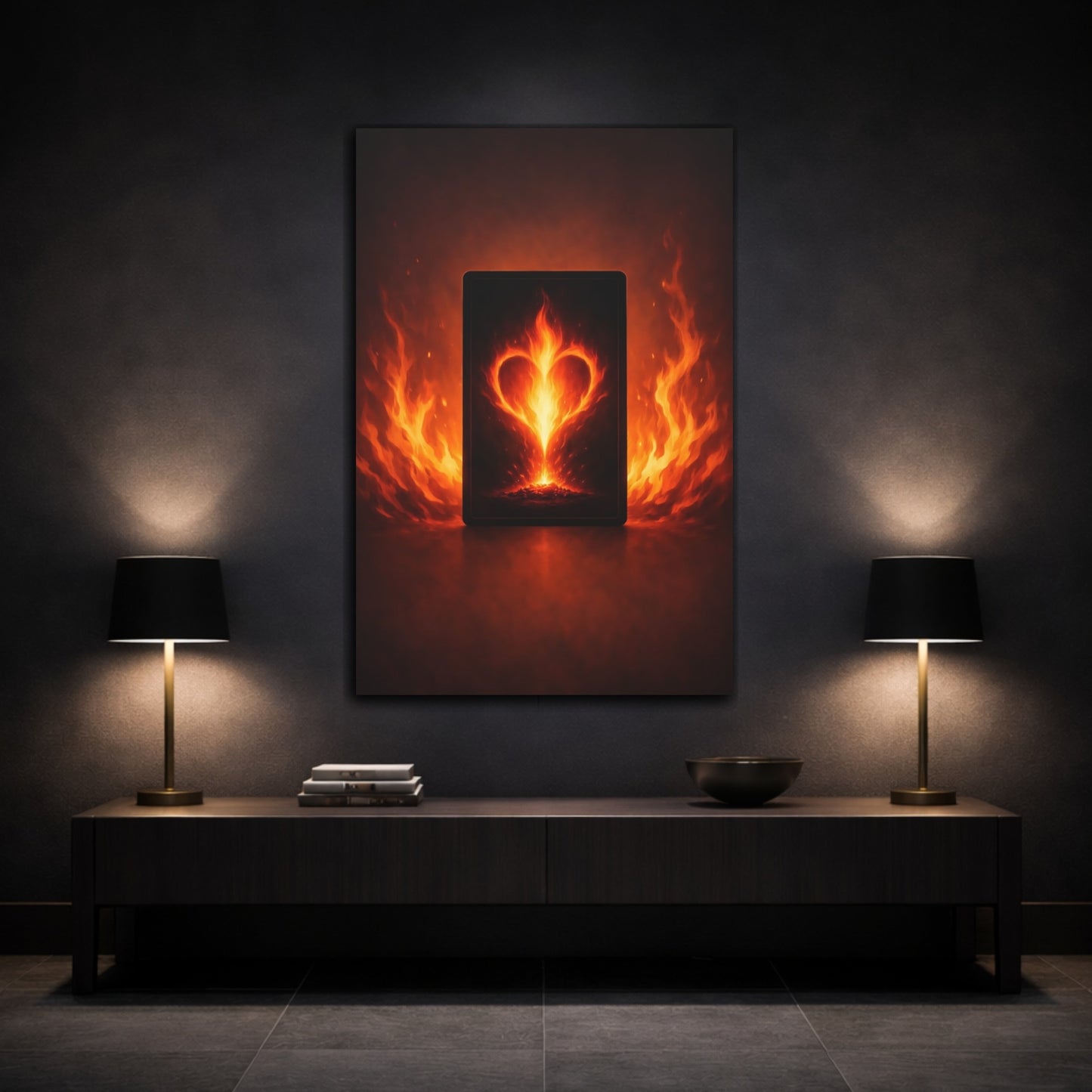 Mockup 2. Abstract Fiery Heart Fiery Heart shown as stretched canvas wall art