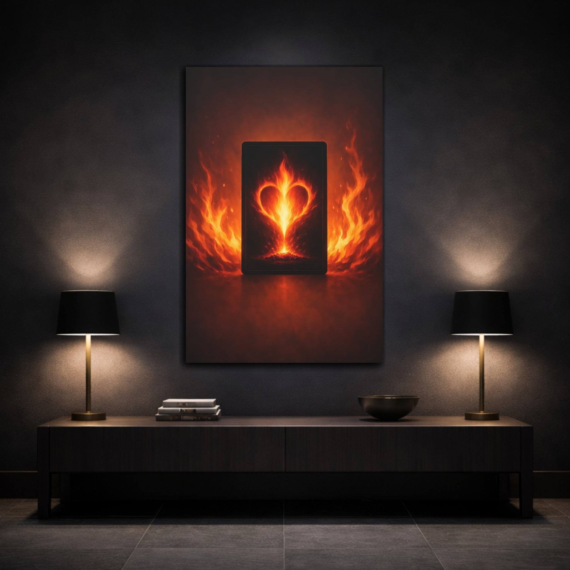 Mockup 2. Abstract Fiery Heart Fiery Heart shown as stretched canvas wall art