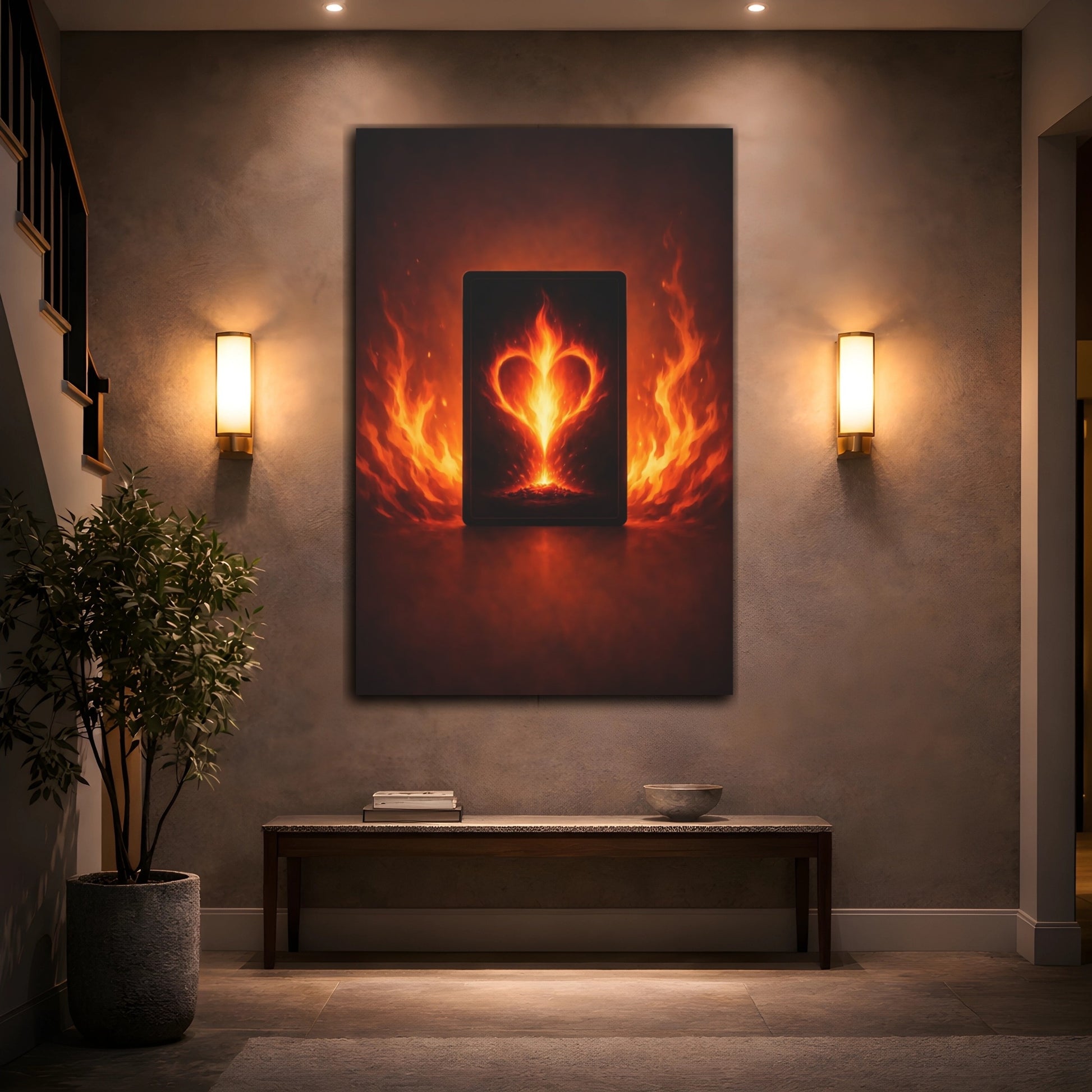 Mockup 3. Abstract Fiery Heart Fiery Heart shown as stretched canvas wall art