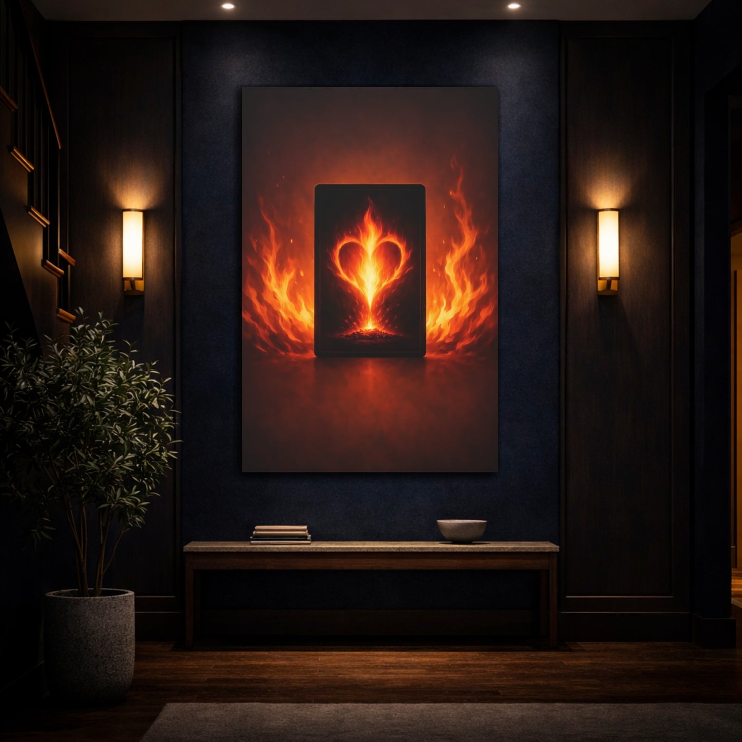Mockup 4. Abstract Fiery Heart Fiery Heart shown as stretched canvas wall art