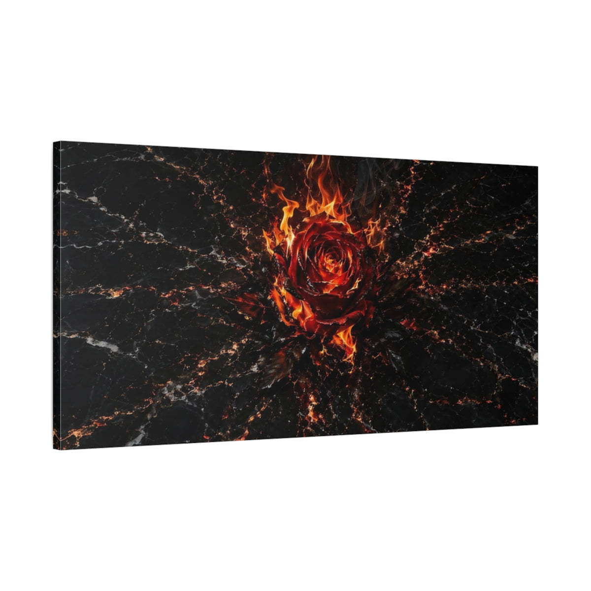 Main Mockup. Abstract Fiery Rose Red And Black shown as stretched canvas wall art
