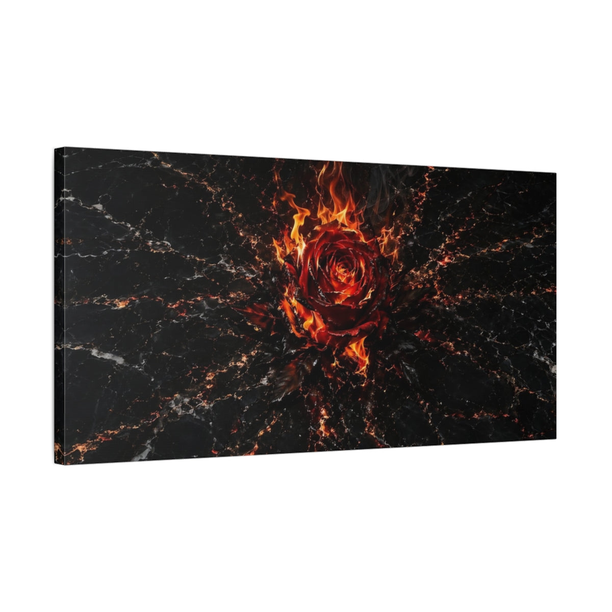 Side Mockup 1. Abstract Fiery Rose Red And Black shown as stretched canvas wall art