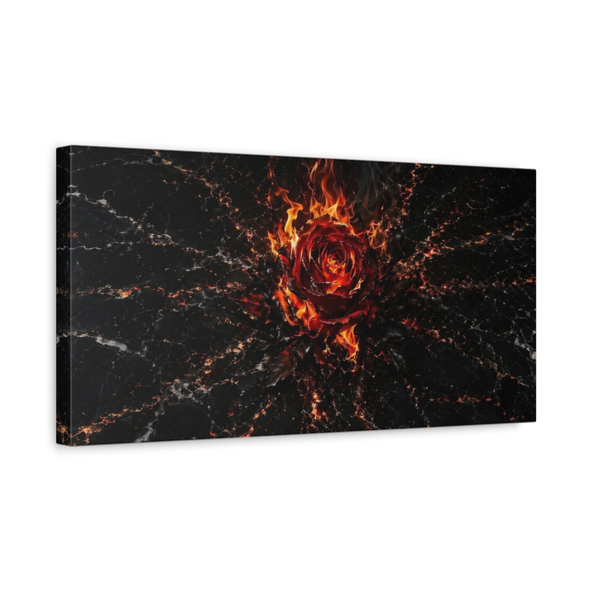 Side Mockup 3. Abstract Fiery Rose Red And Black shown as stretched canvas wall art