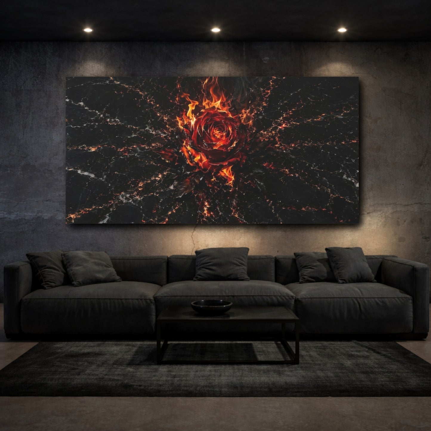 Mockup 2. Abstract Fiery Rose Red And Black shown as stretched canvas wall art