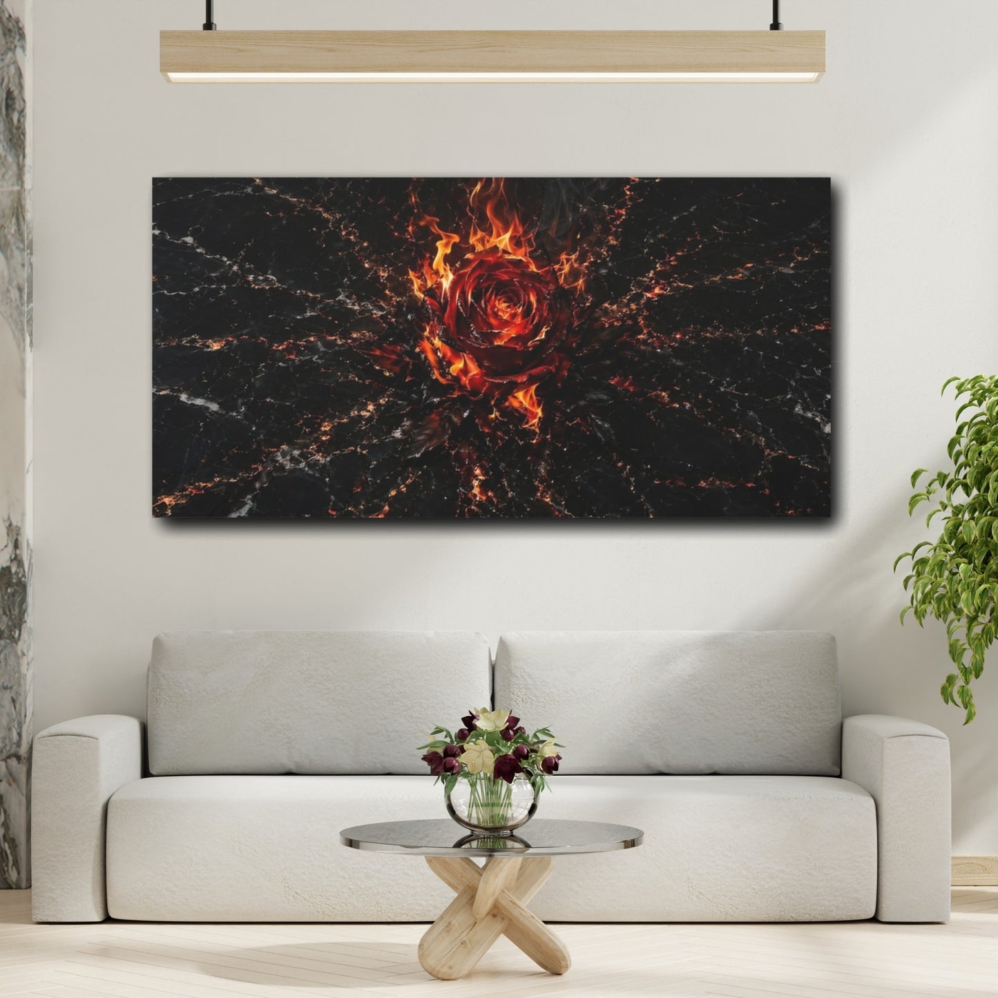 Mockup 3. Abstract Fiery Rose Red And Black shown as stretched canvas wall art