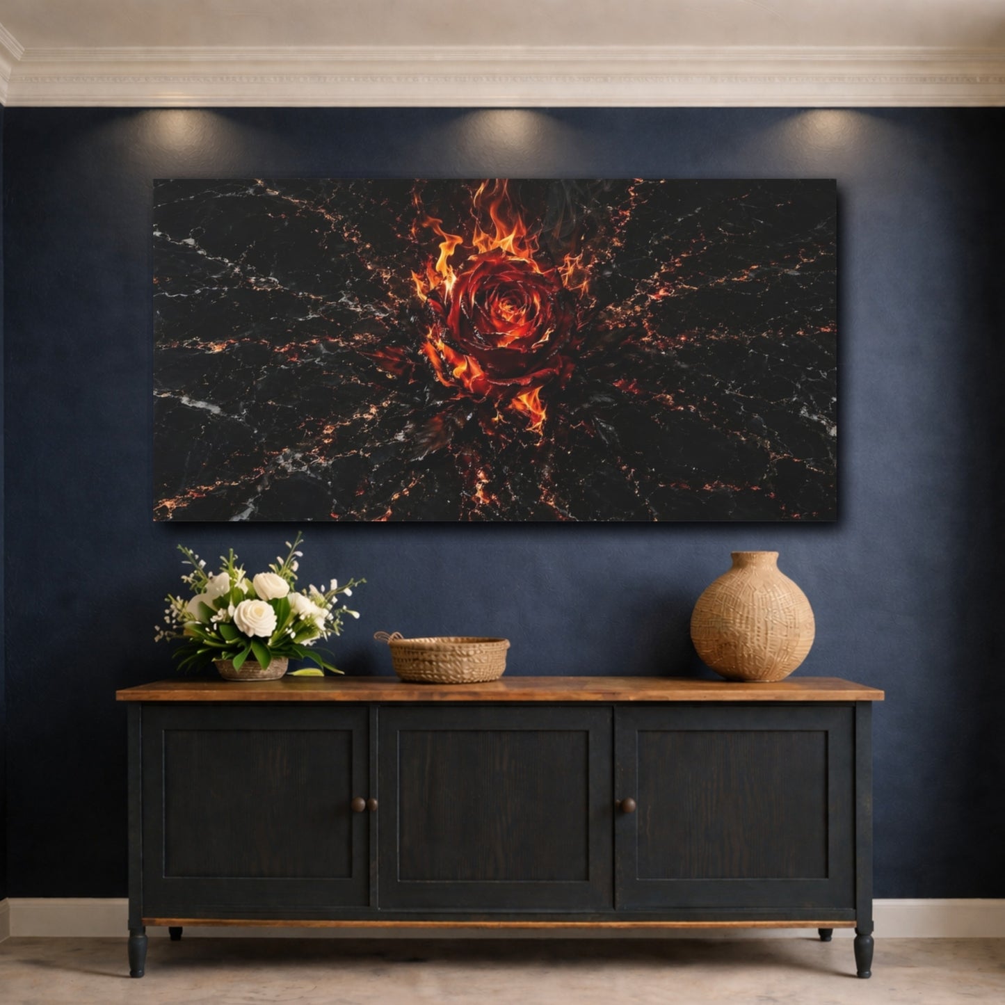 Mockup 4. Abstract Fiery Rose Red And Black shown as stretched canvas wall art