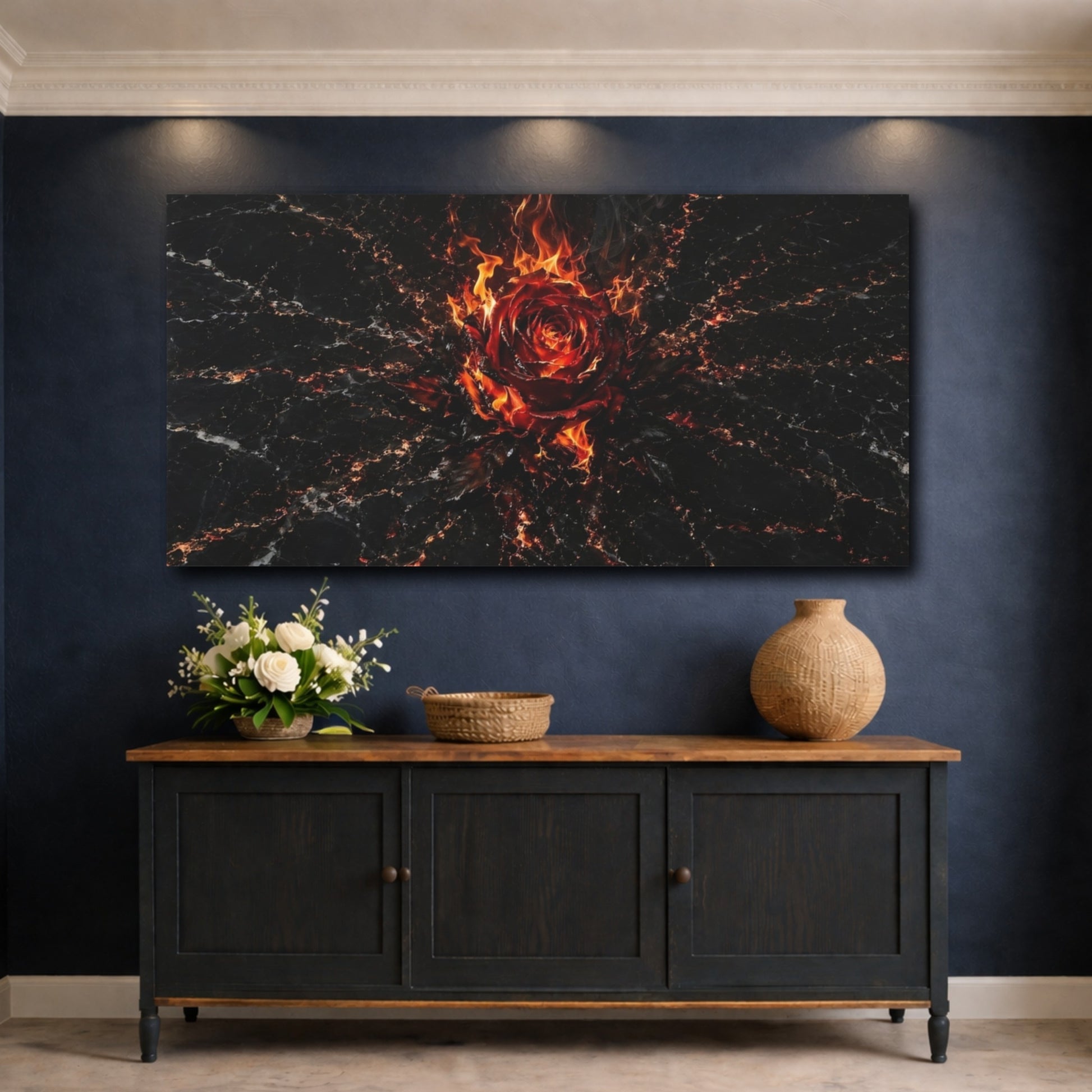 Mockup 4. Abstract Fiery Rose Red And Black shown as stretched canvas wall art