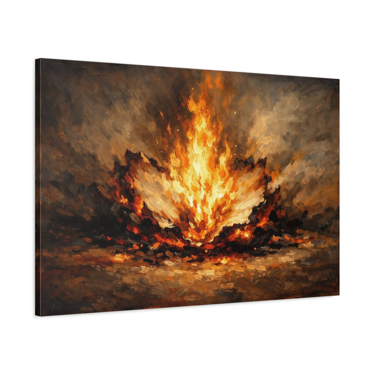 Side Mockup 1. Abstract Fire Burst Orange And Black shown as stretched canvas wall art