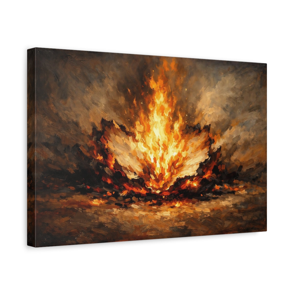 Side Mockup 4. Abstract Fire Burst Orange And Black shown as stretched canvas wall art