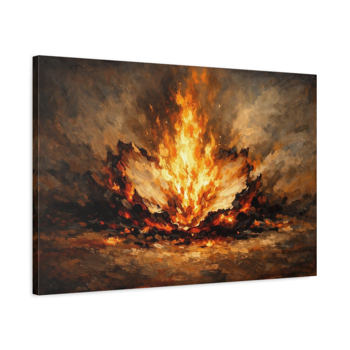 Side Mockup 2. Abstract Fire Burst Orange And Black shown as stretched canvas wall art