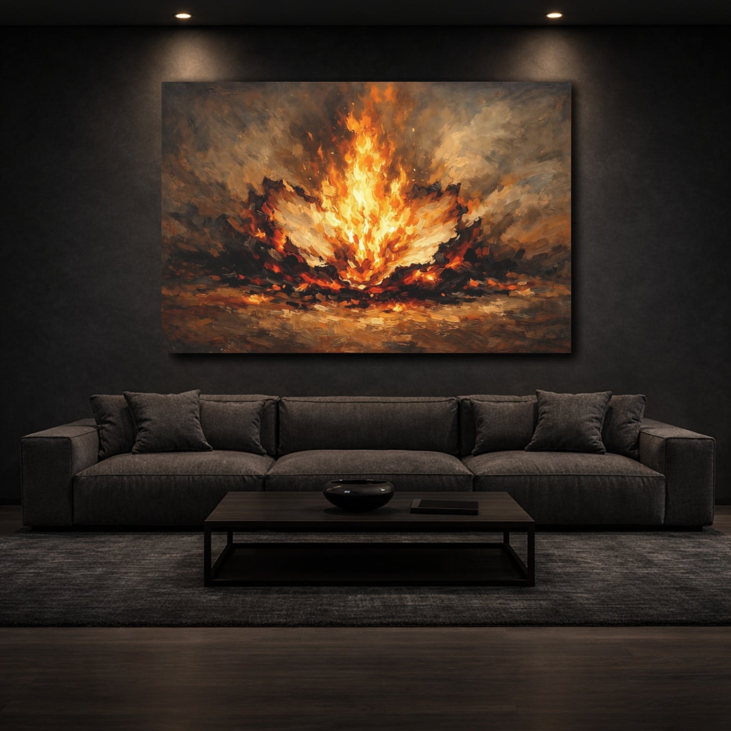 Mockup 2. Abstract Fire Burst Orange And Black shown as stretched canvas wall art