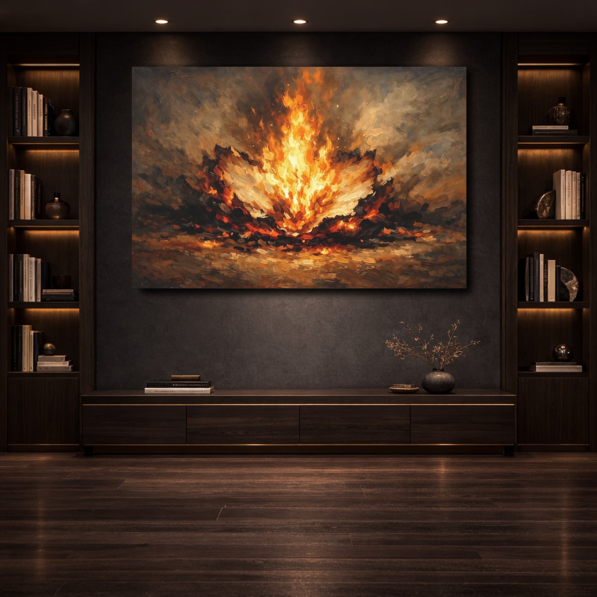 Mockup 3. Abstract Fire Burst Orange And Black shown as stretched canvas wall art
