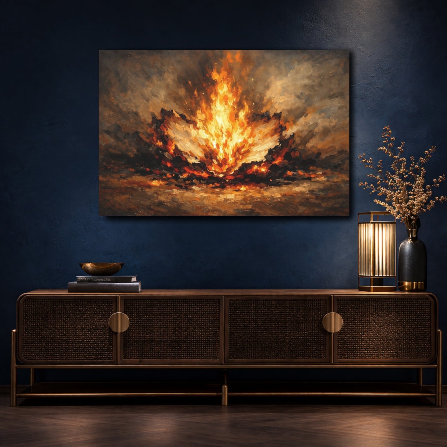 Mockup 4. Abstract Fire Burst Orange And Black shown as stretched canvas wall art