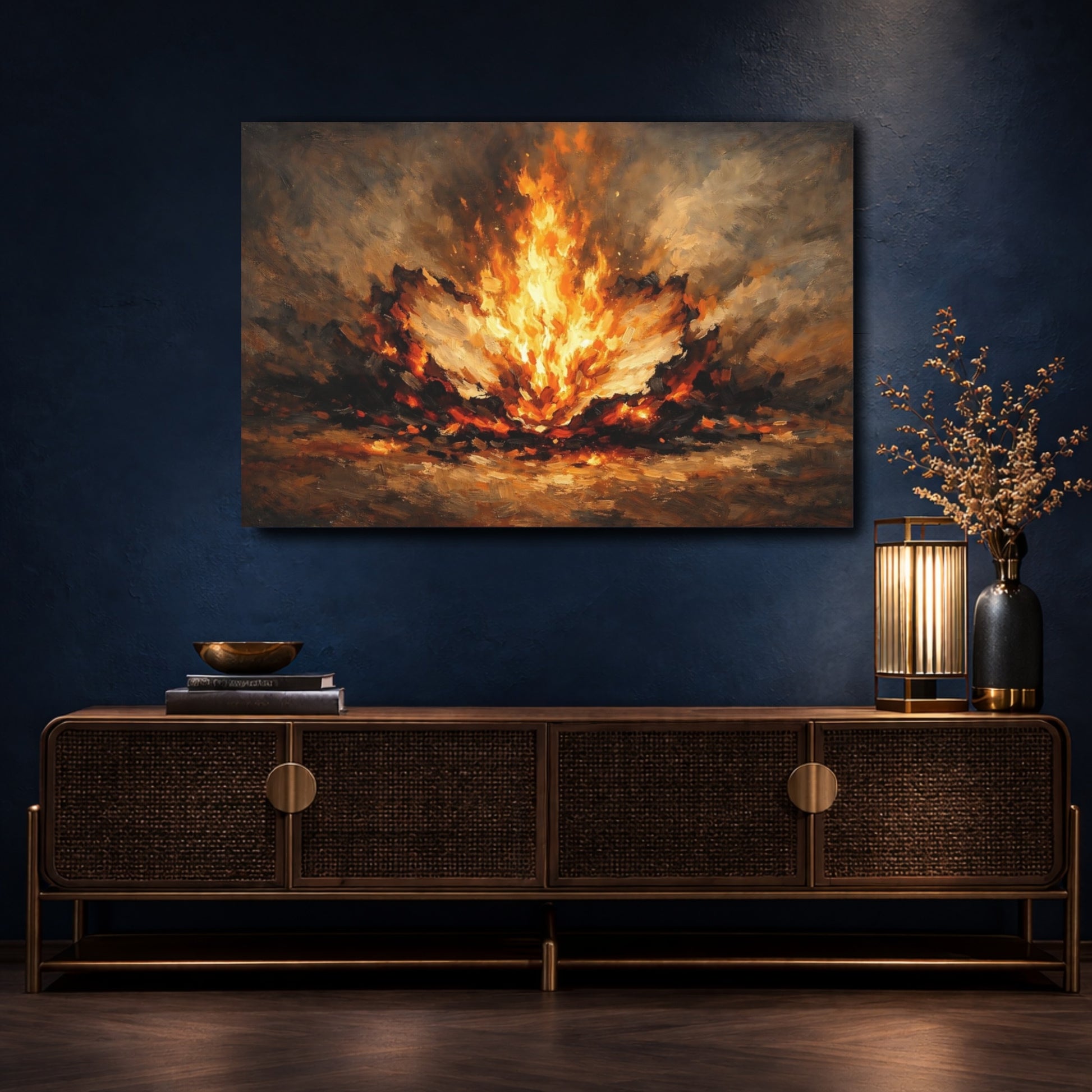 Mockup 4. Abstract Fire Burst Orange And Black shown as stretched canvas wall art
