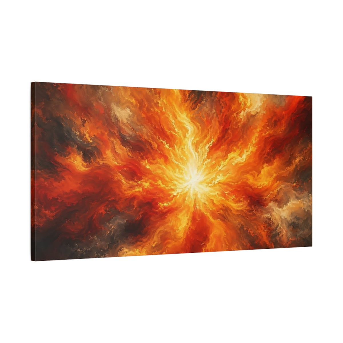 Main Mockup. Abstract Fire Burst Orange And Red shown as stretched canvas wall art