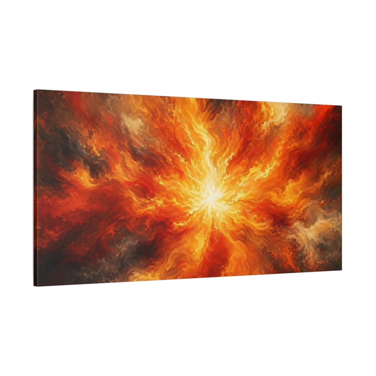 Side Mockup 2. Abstract Fire Burst Orange And Red shown as stretched canvas wall art