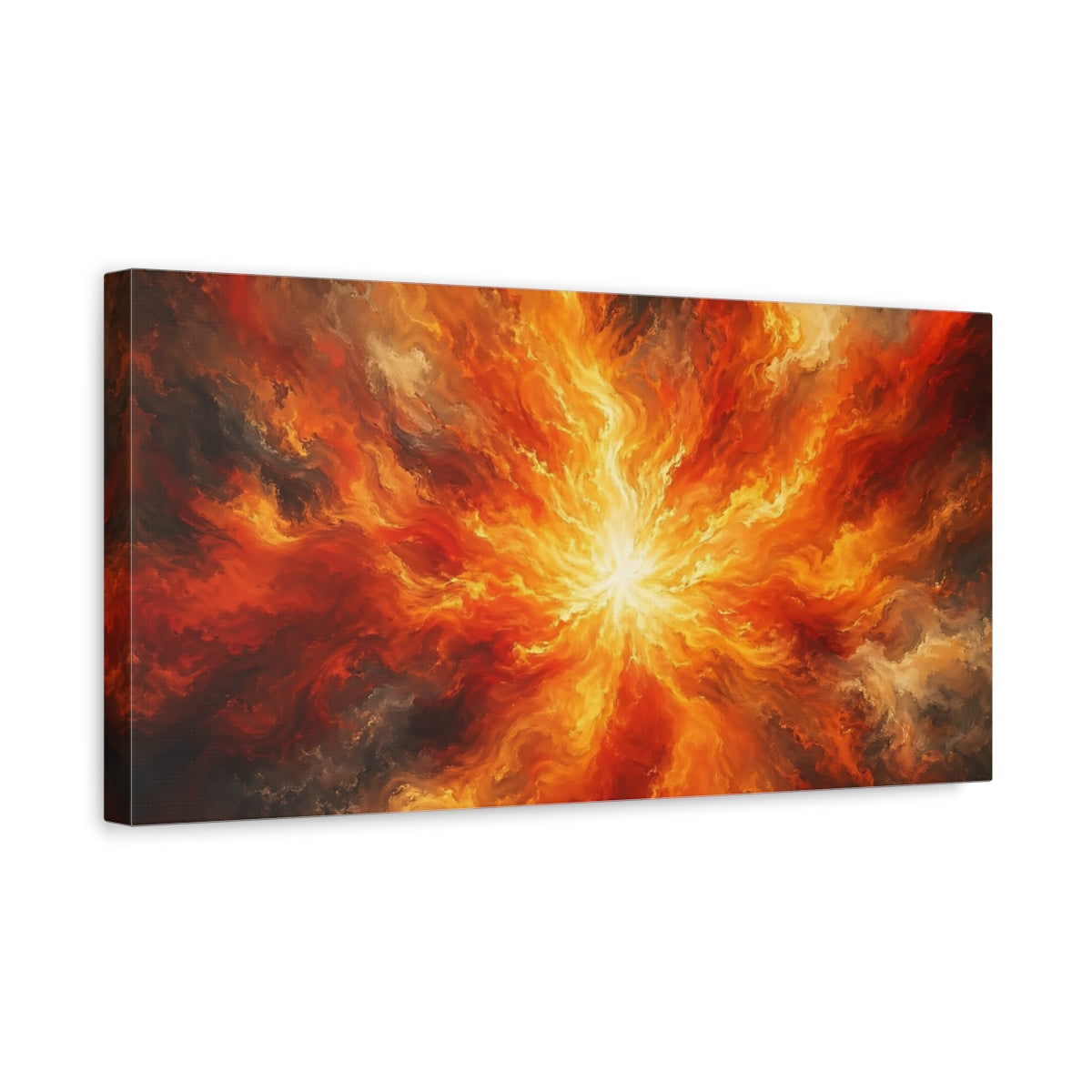 Side Mockup 3. Abstract Fire Burst Orange And Red shown as stretched canvas wall art