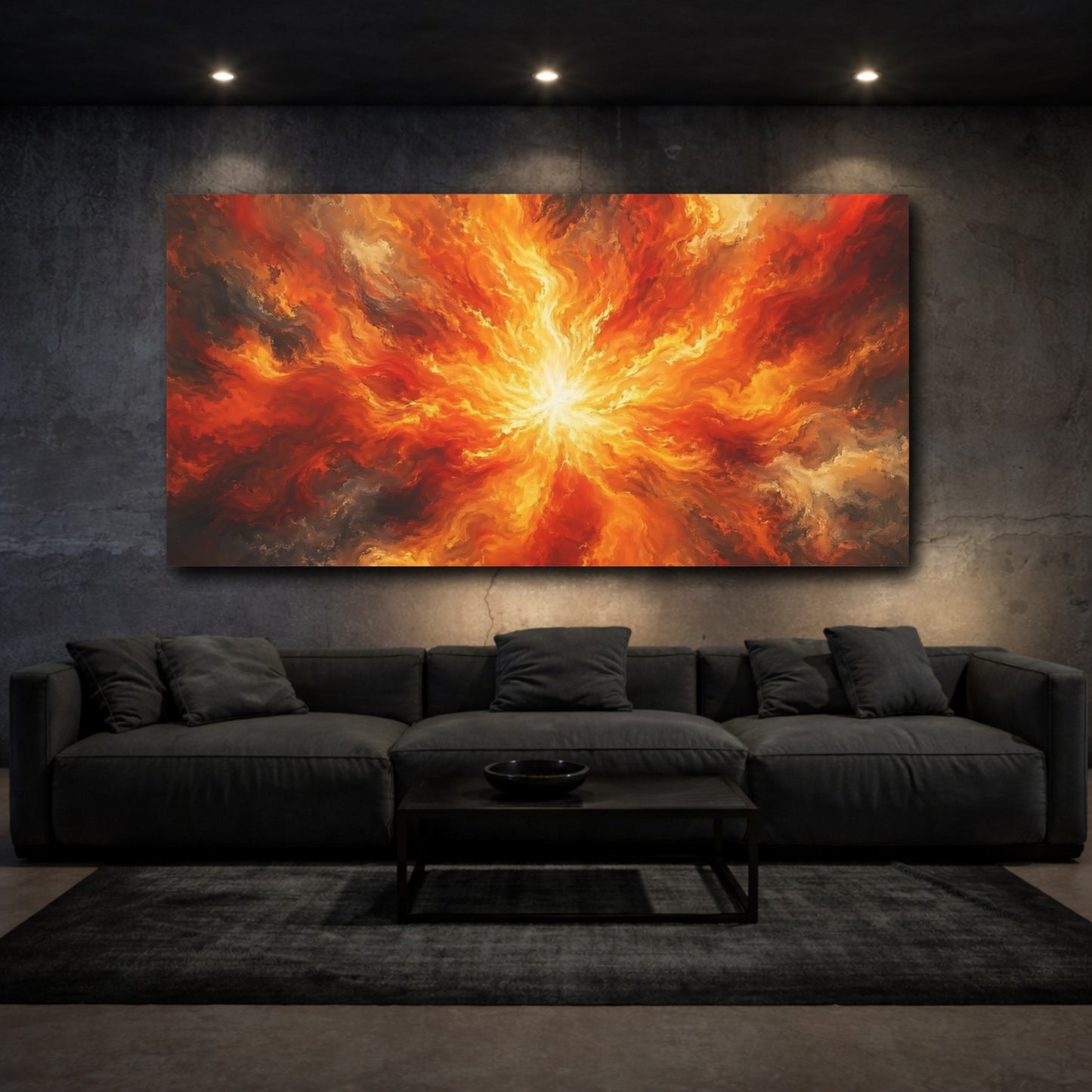 Mockup 2. Abstract Fire Burst Orange And Red shown as stretched canvas wall art