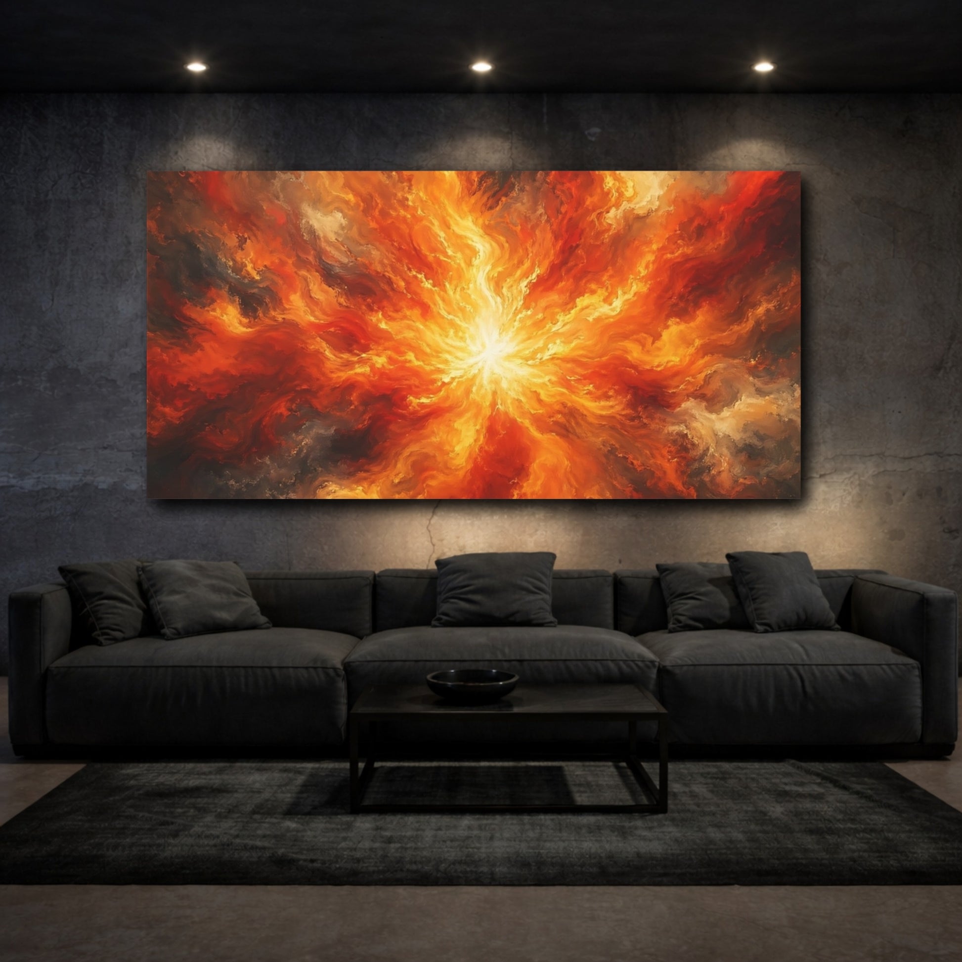 Mockup 2. Abstract Fire Burst Orange And Red shown as stretched canvas wall art