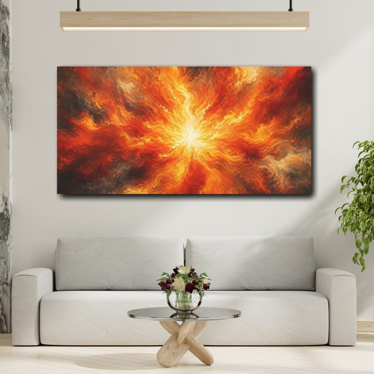 Mockup 3. Abstract Fire Burst Orange And Red shown as stretched canvas wall art
