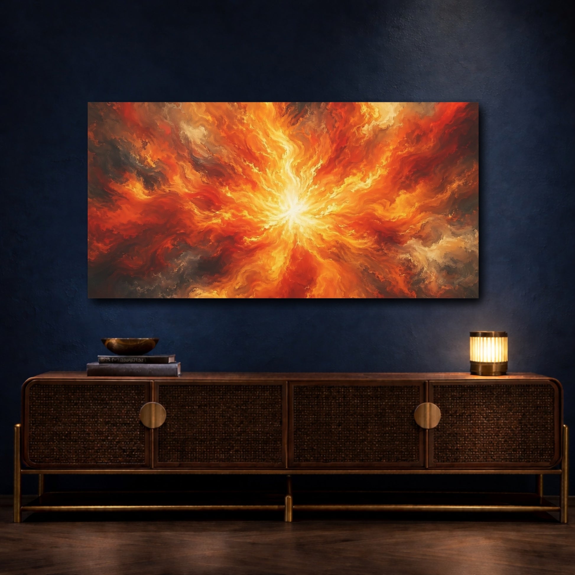 Mockup 4. Abstract Fire Burst Orange And Red shown as stretched canvas wall art