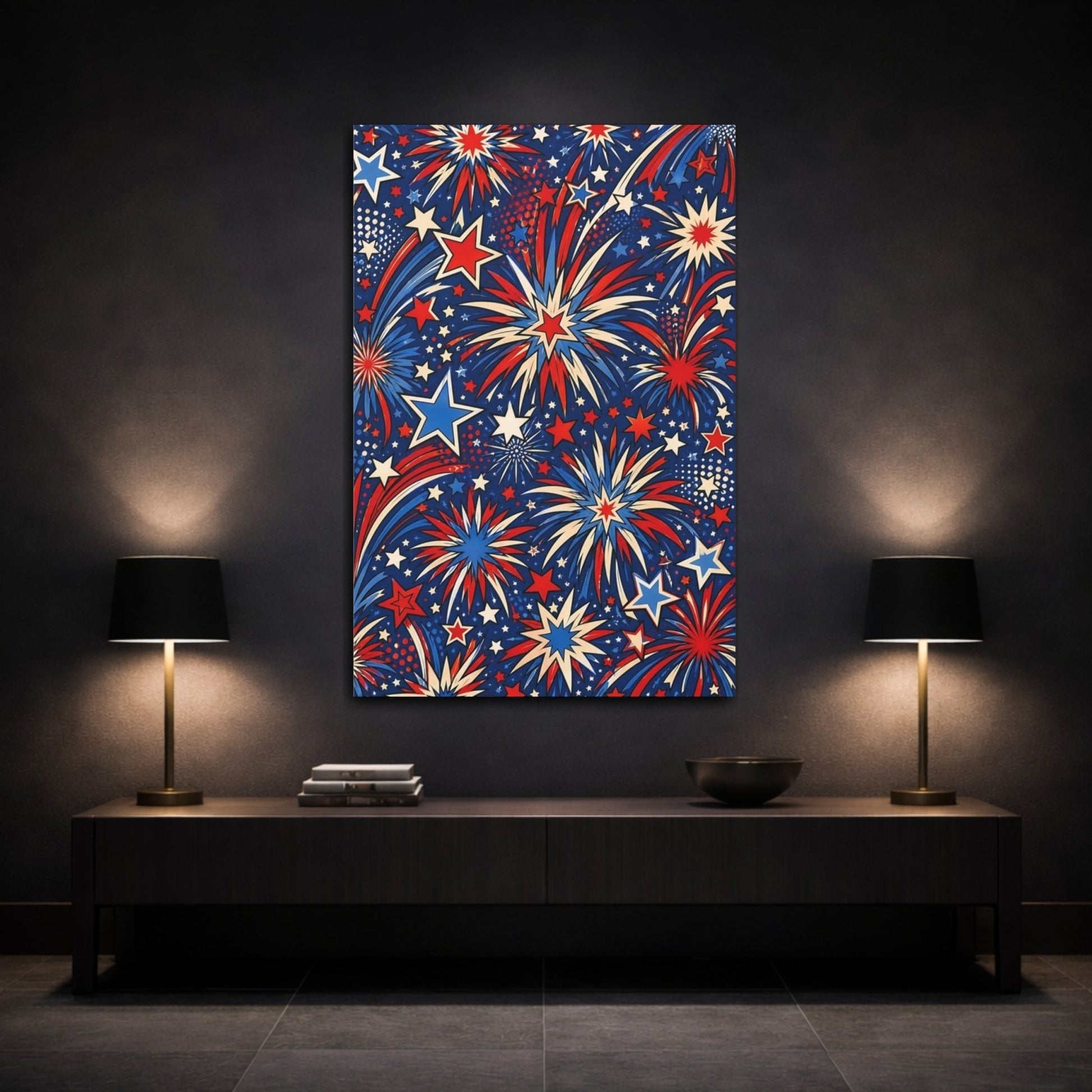 Abstract Fireworks Red White Blue Canvas Print – Living Room, Above Console Table, Multicolor - YesArtYes