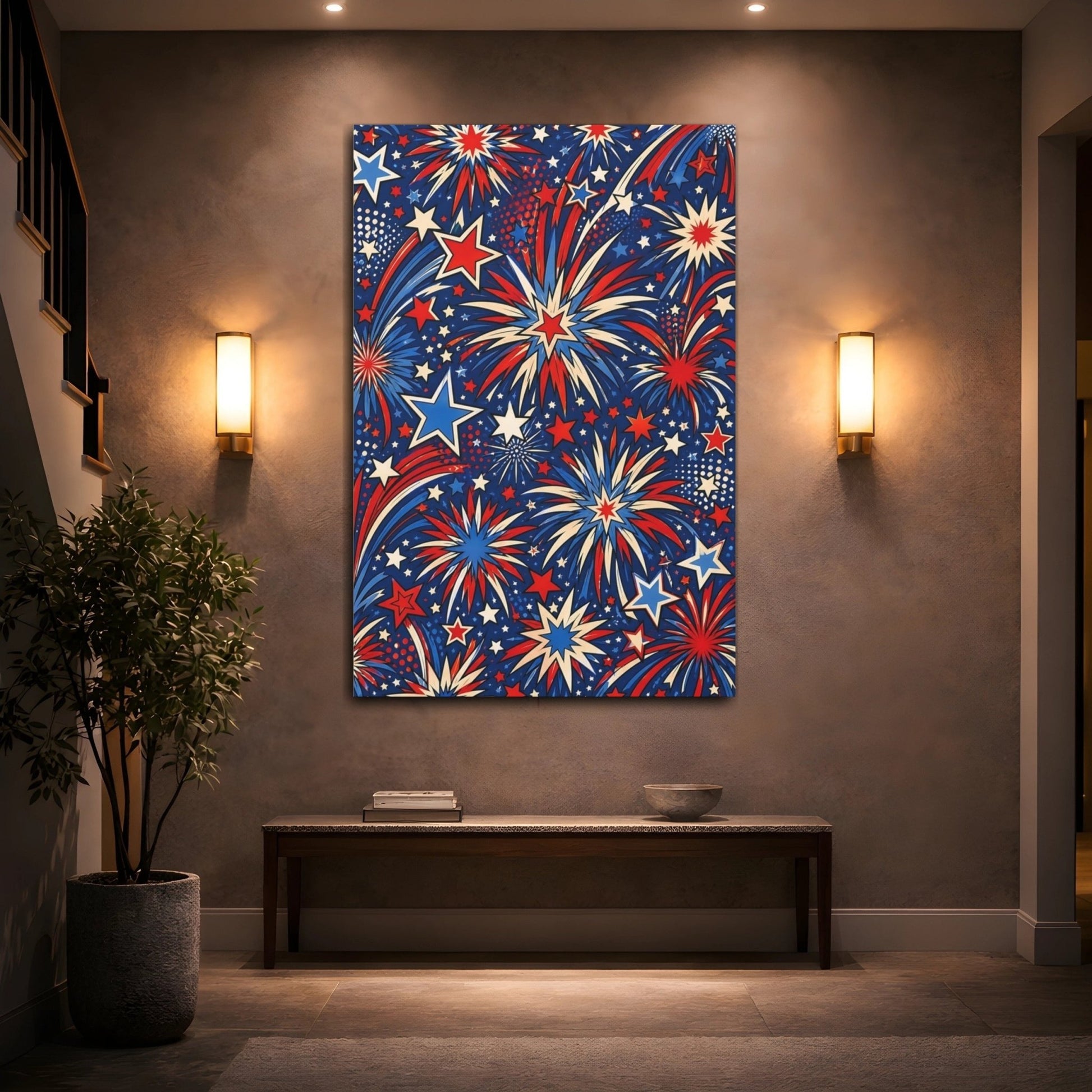 Abstract Fireworks Red White Blue Canvas Print – Living Room, Above Console Table, Multicolor - YesArtYes