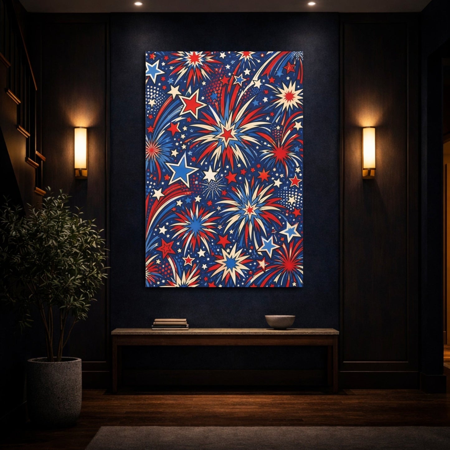 Abstract Fireworks Red White Blue Canvas Print – Living Room, Above Console Table, Multicolor - YesArtYes