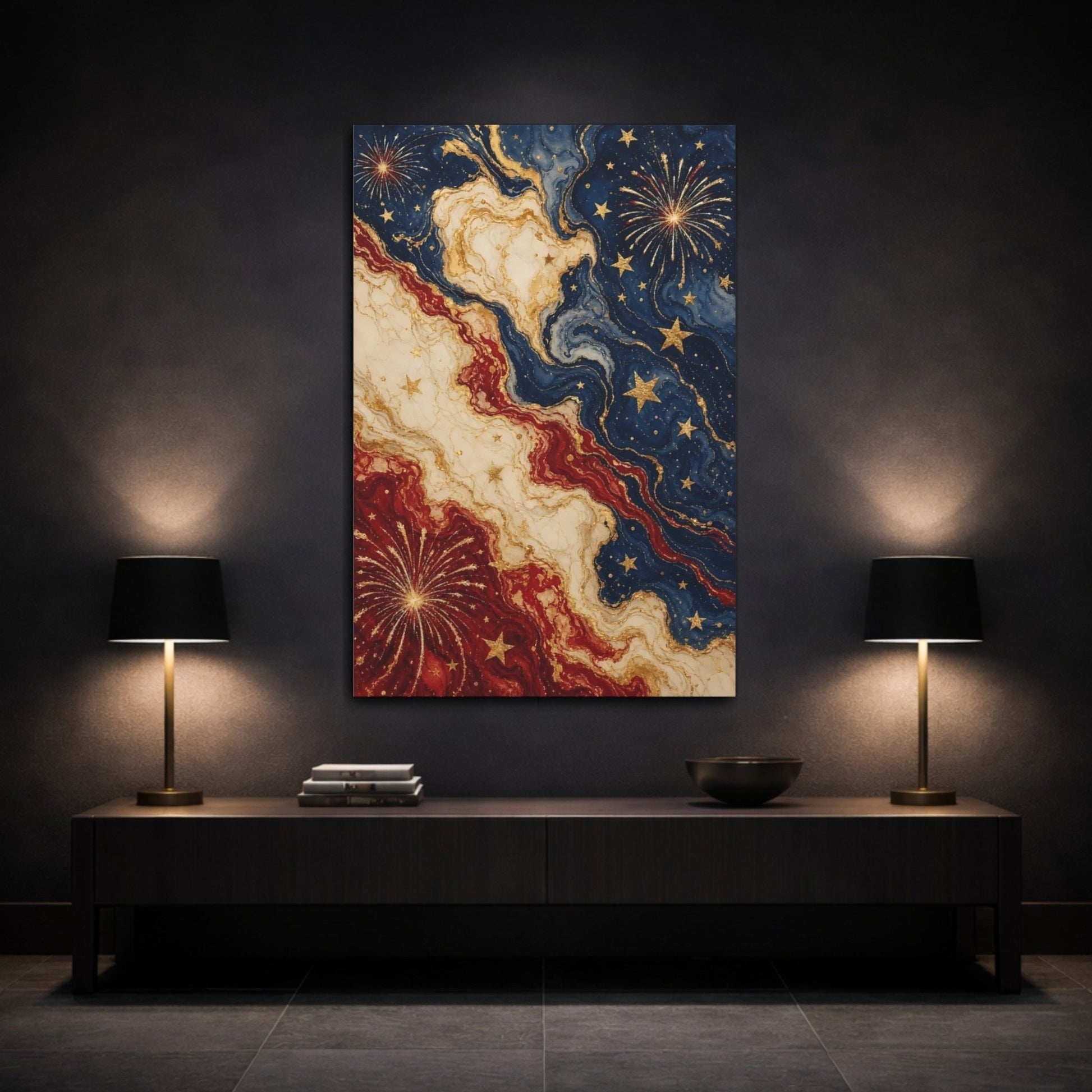 Abstract Fireworks Stars Red White Blue Canvas Wall Art Print – Living Room Decor, Above Console Table - YesArtYes