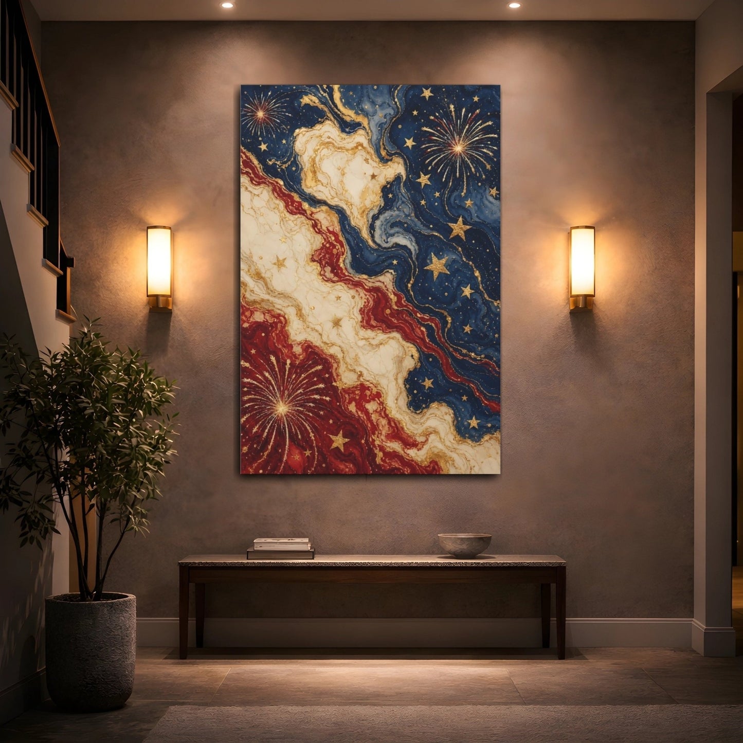 Abstract Fireworks Stars Red White Blue Canvas Wall Art Print – Living Room Decor, Above Console Table - YesArtYes