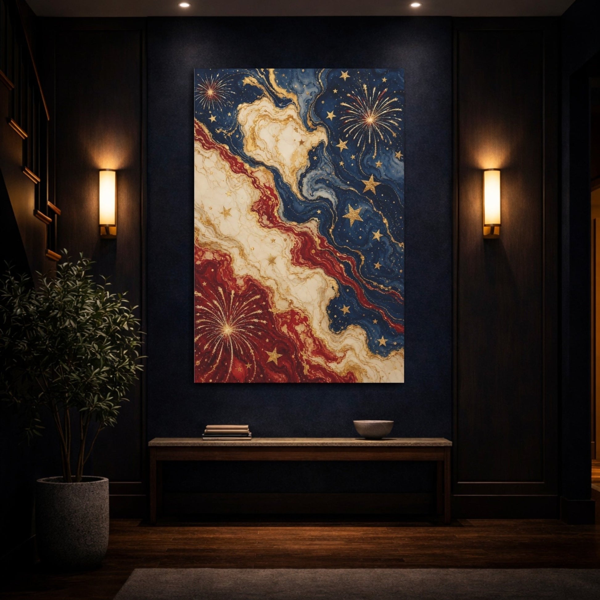Abstract Fireworks Stars Red White Blue Canvas Wall Art Print – Living Room Decor, Above Console Table - YesArtYes