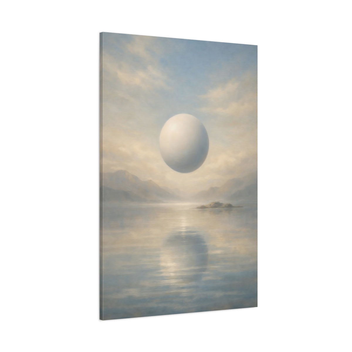 Main Mockup. Abstract Floating Orb Blue And Beige shown as stretched canvas wall art