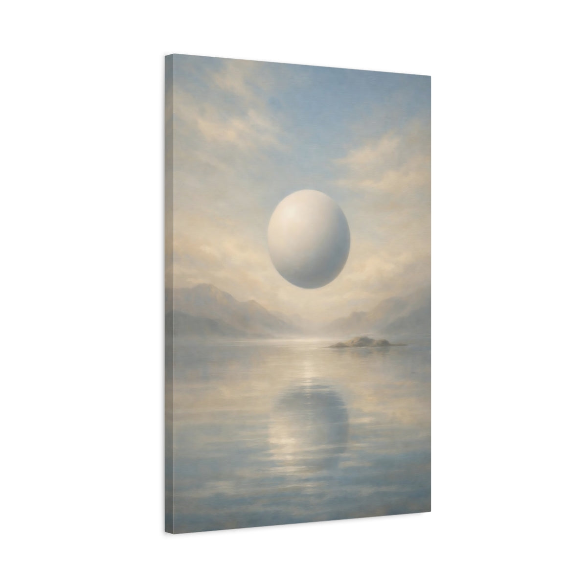 Side Mockup 2. Abstract Floating Orb Blue And Beige shown as stretched canvas wall art