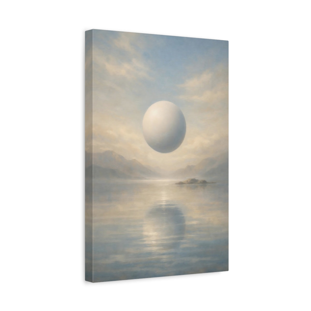 Side Mockup 4. Abstract Floating Orb Blue And Beige shown as stretched canvas wall art