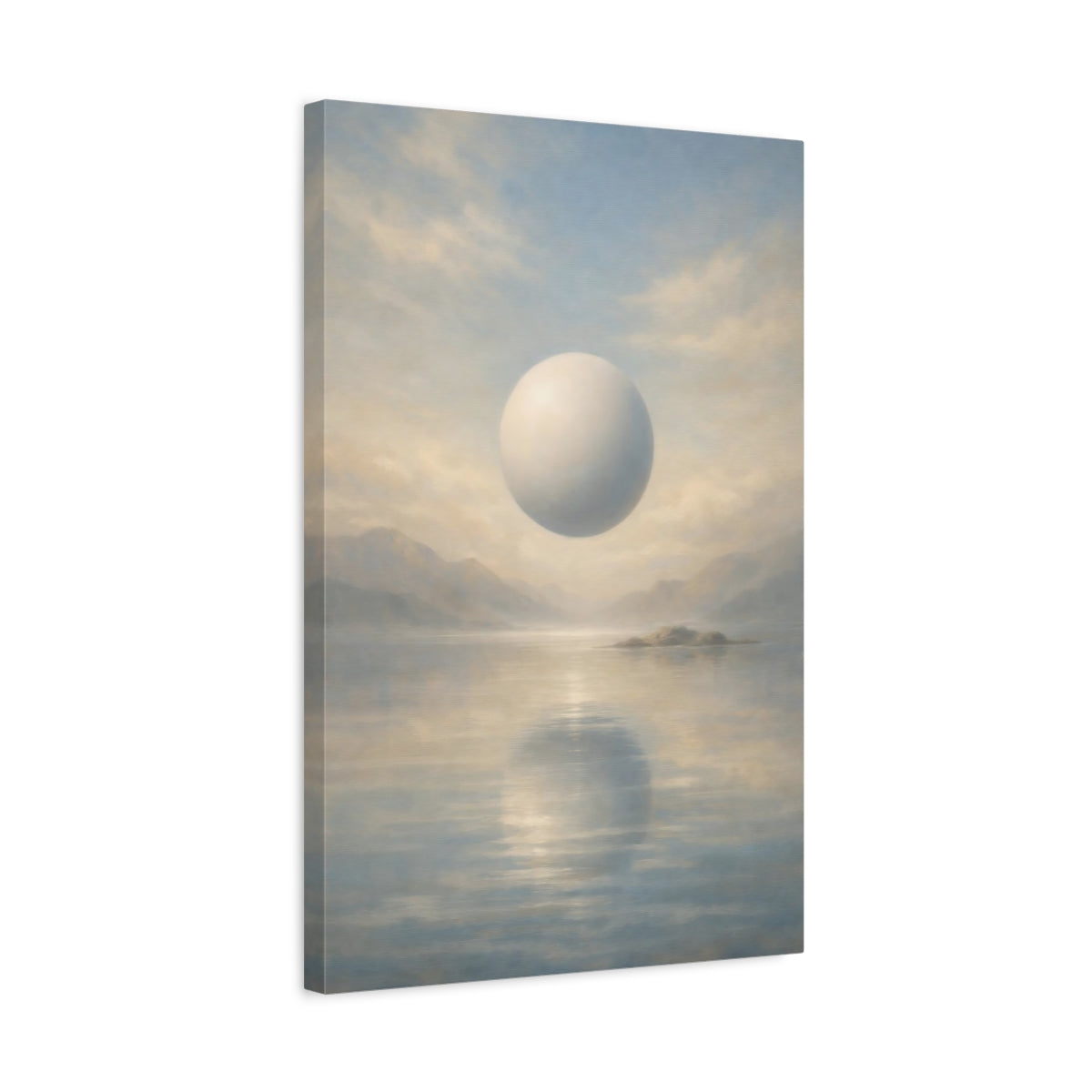 Side Mockup 3. Abstract Floating Orb Blue And Beige shown as stretched canvas wall art