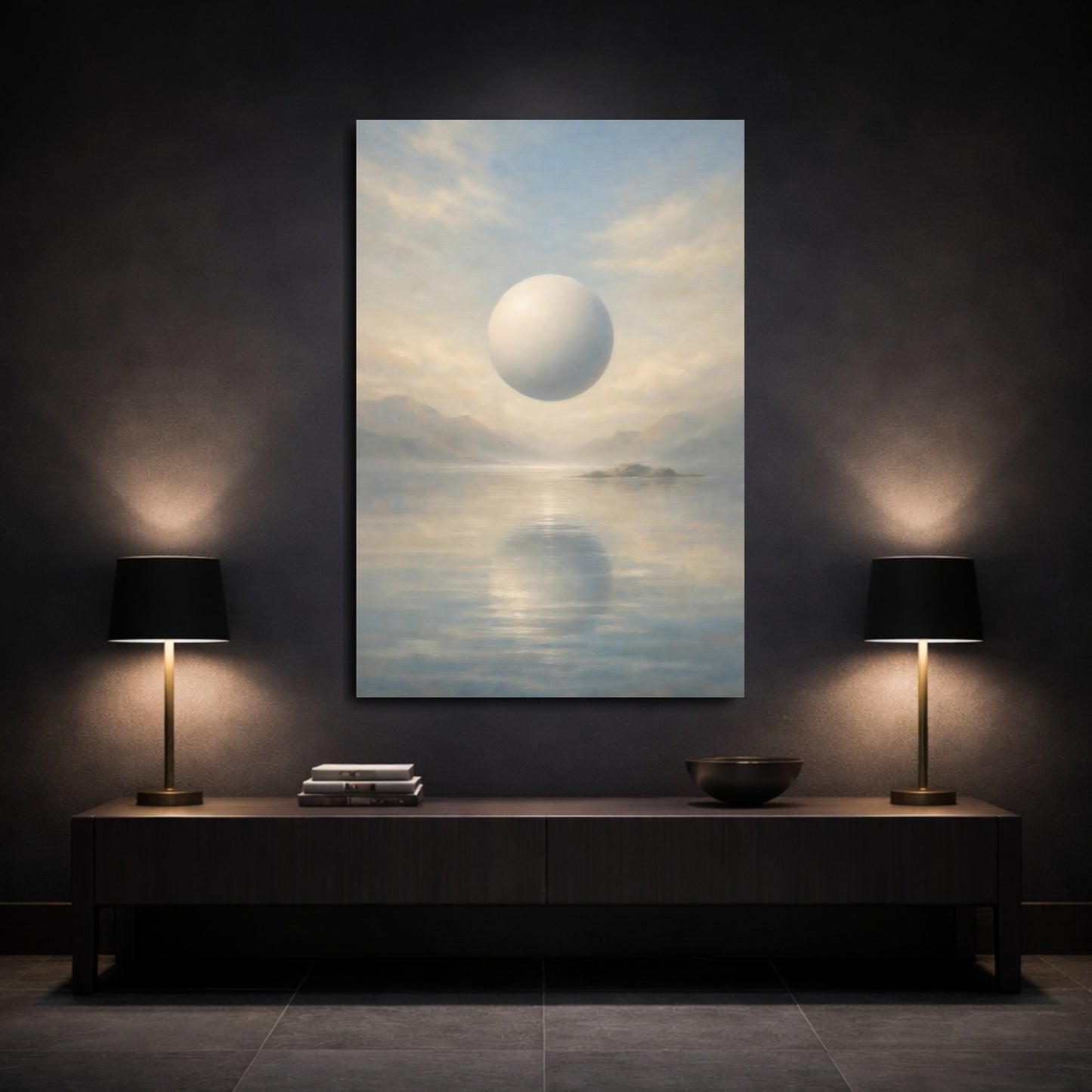 Mockup 2. Abstract Floating Orb Blue And Beige shown as stretched canvas wall art