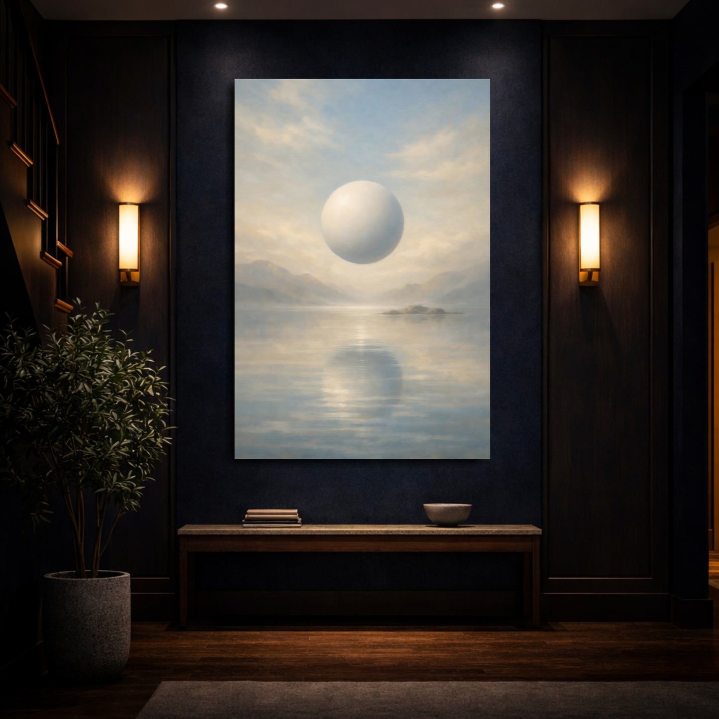 Mockup 3. Abstract Floating Orb Blue And Beige shown as stretched canvas wall art