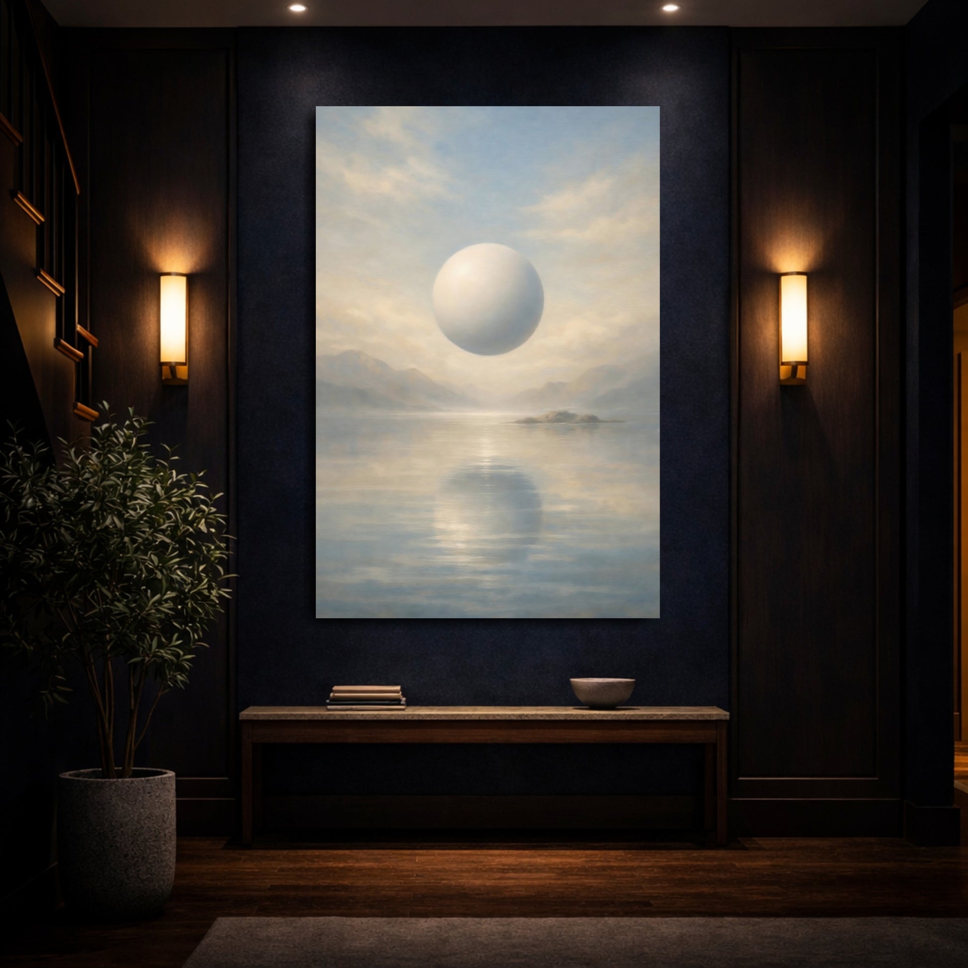 Mockup 3. Abstract Floating Orb Blue And Beige shown as stretched canvas wall art