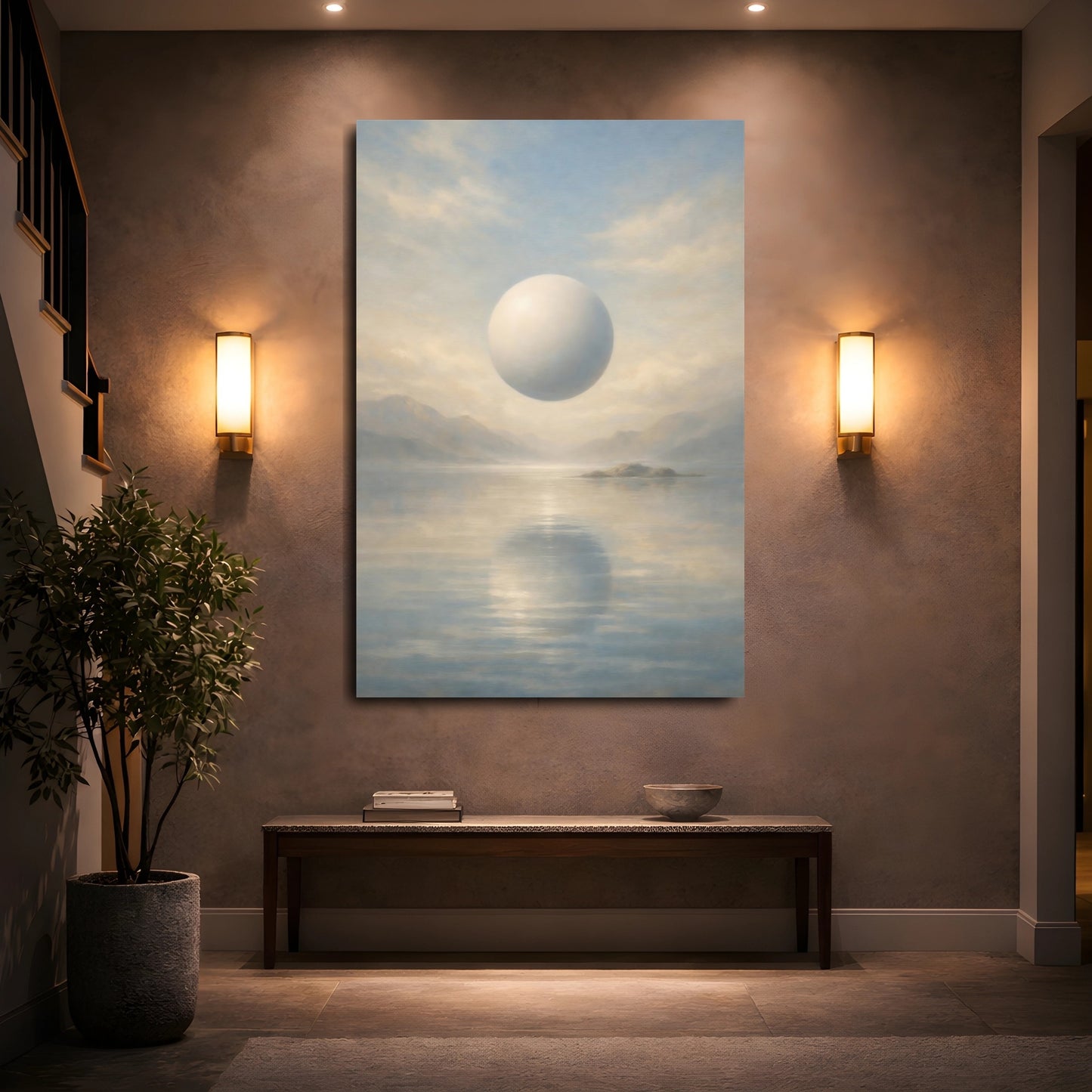 Mockup 4. Abstract Floating Orb Blue And Beige shown as stretched canvas wall art