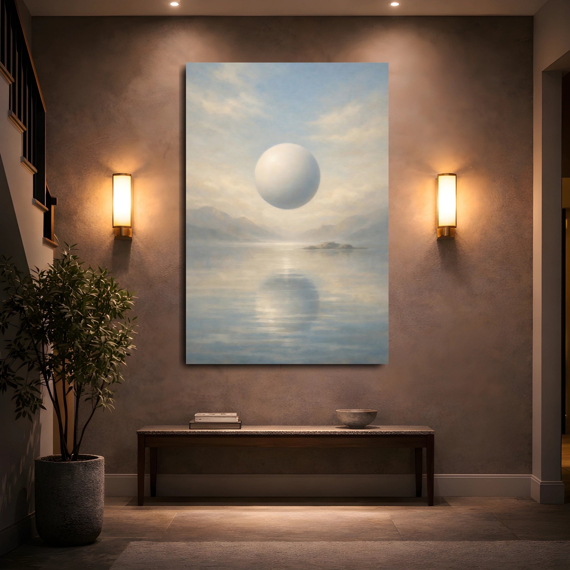 Mockup 4. Abstract Floating Orb Blue And Beige shown as stretched canvas wall art