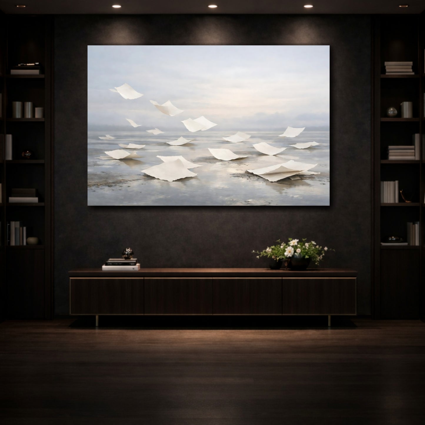 Mockup 4. Abstract Floating Paper Ethereal Grey Paper shown as stretched canvas wall art