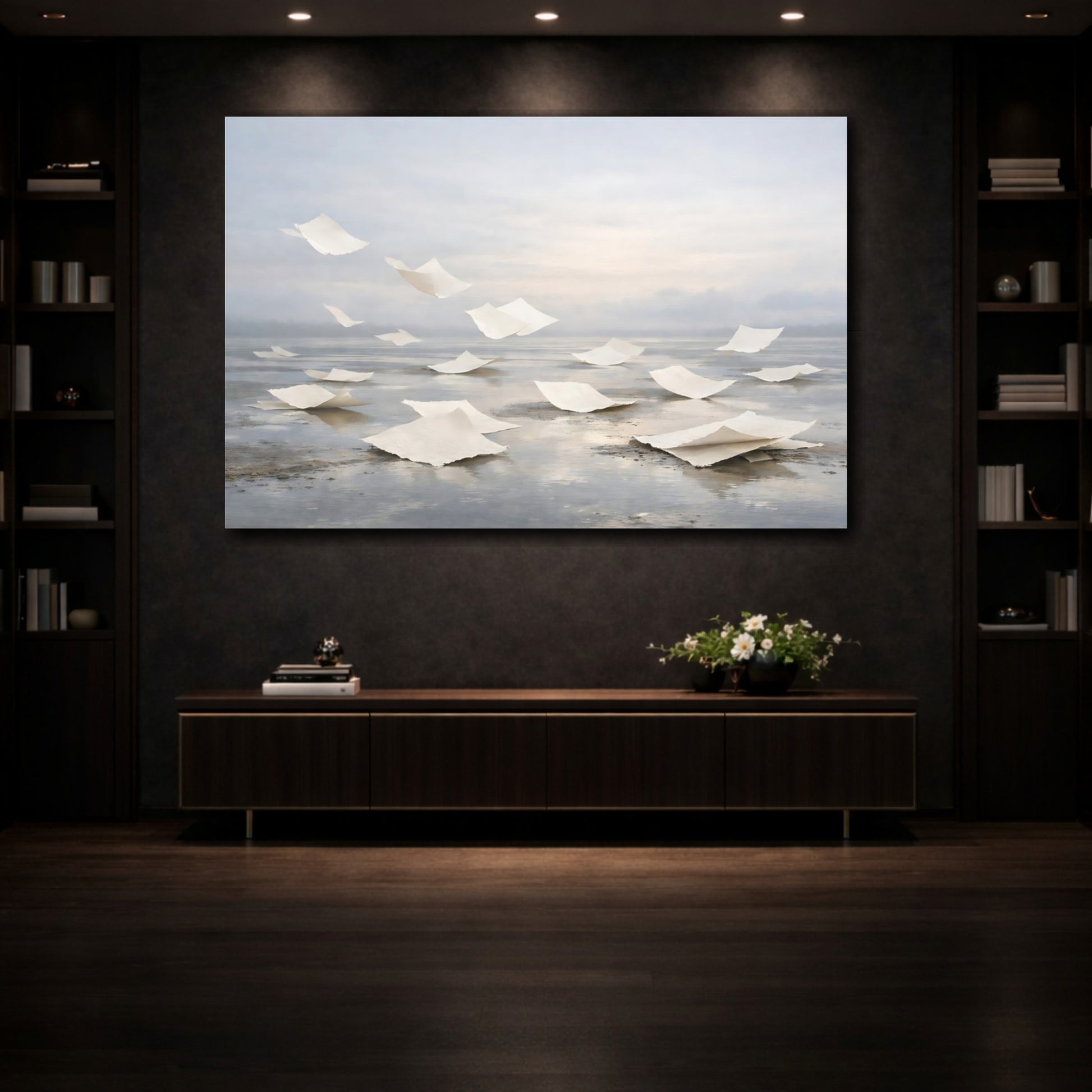 Mockup 4. Abstract Floating Paper Ethereal Grey Paper shown as stretched canvas wall art