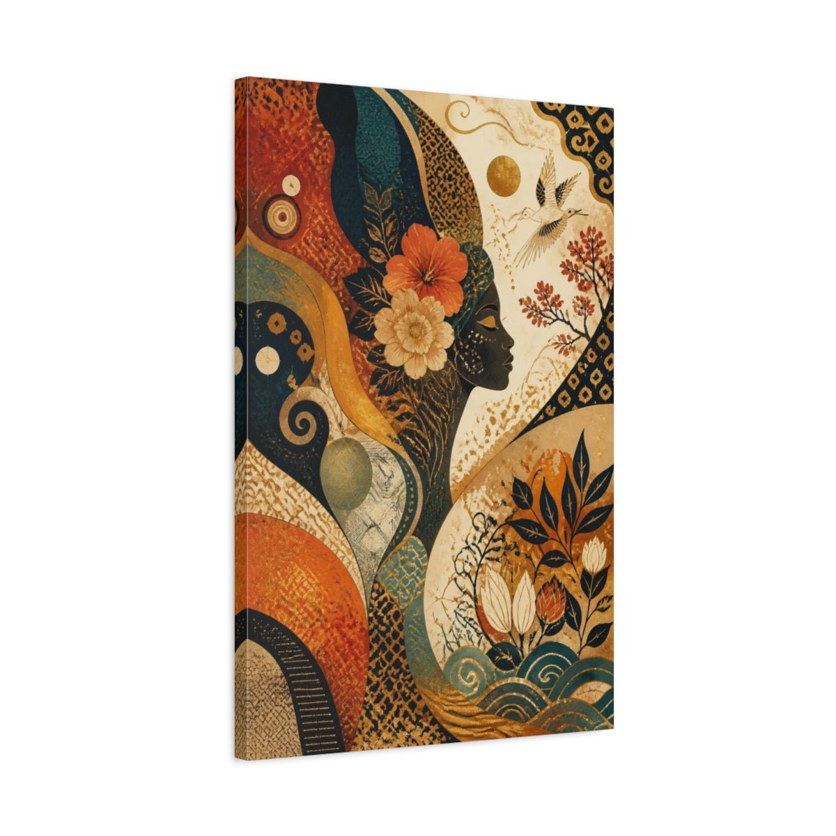 Abstract Floral Woman Profile Canvas Print – Living Room, Above Couch, Teal And Gold With Terracotta - YesArtYes