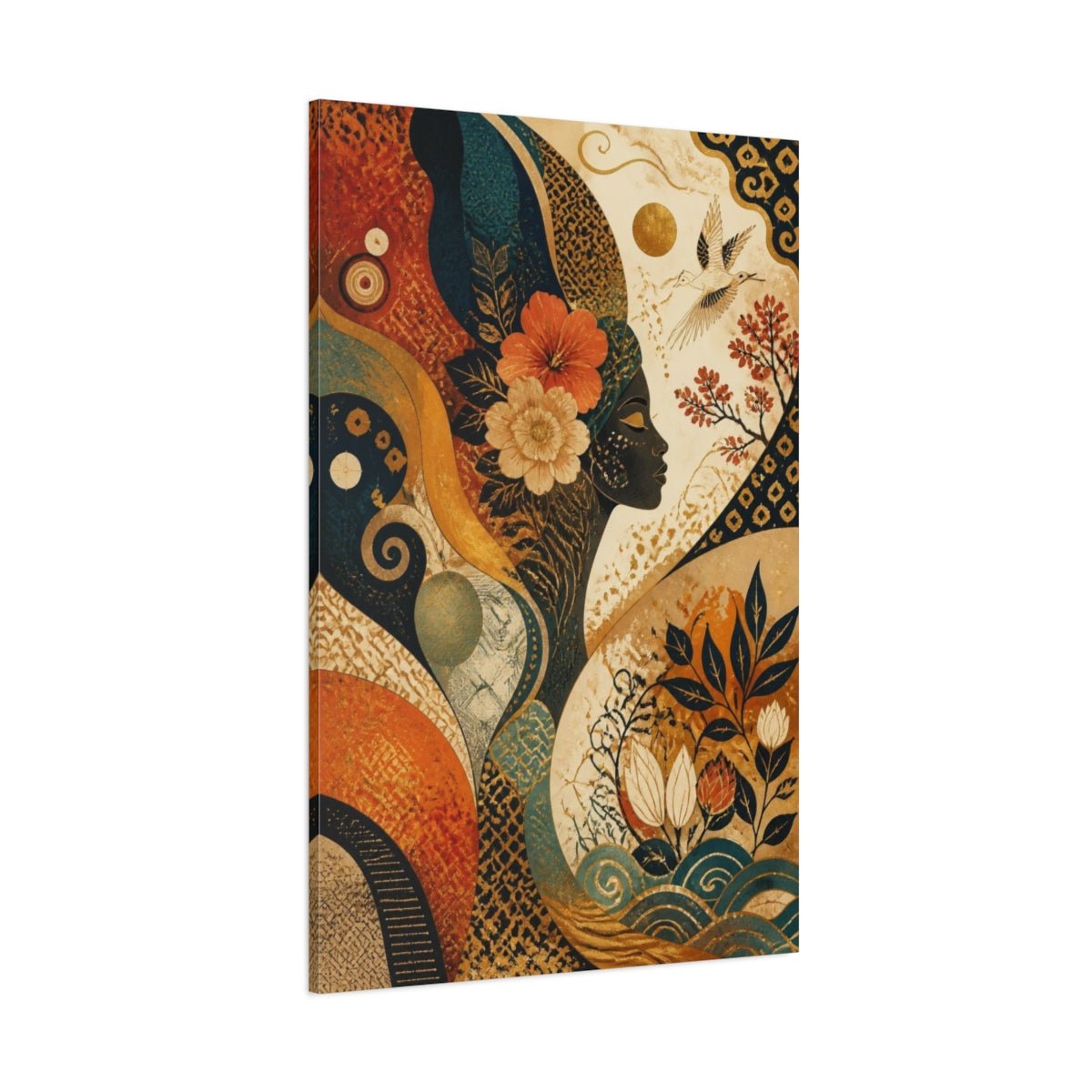 Abstract Floral Woman Profile Canvas Print – Living Room, Above Couch, Teal And Gold With Terracotta - YesArtYes