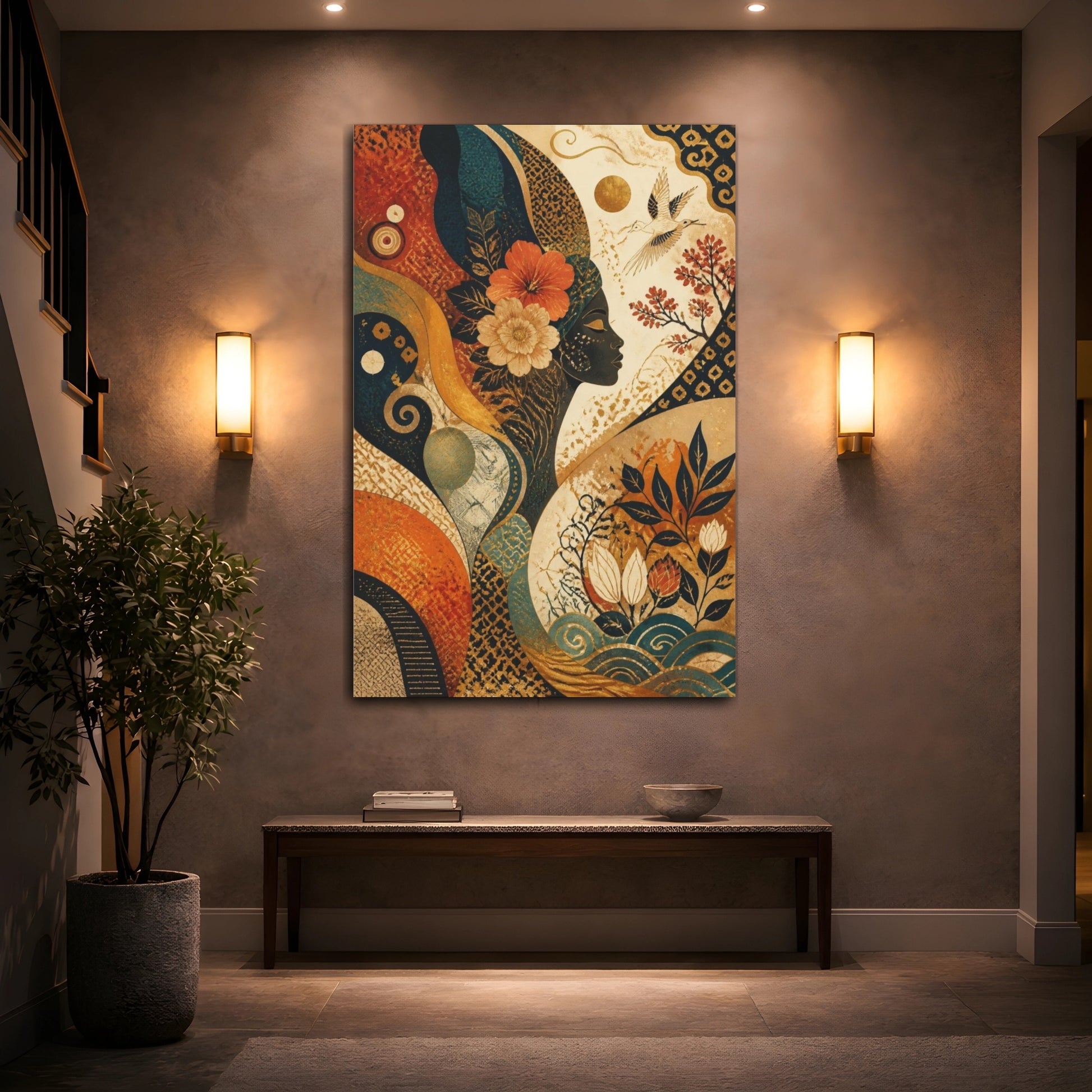 Mockup 2. Abstract Floral Woman Profile shown as canvas print
