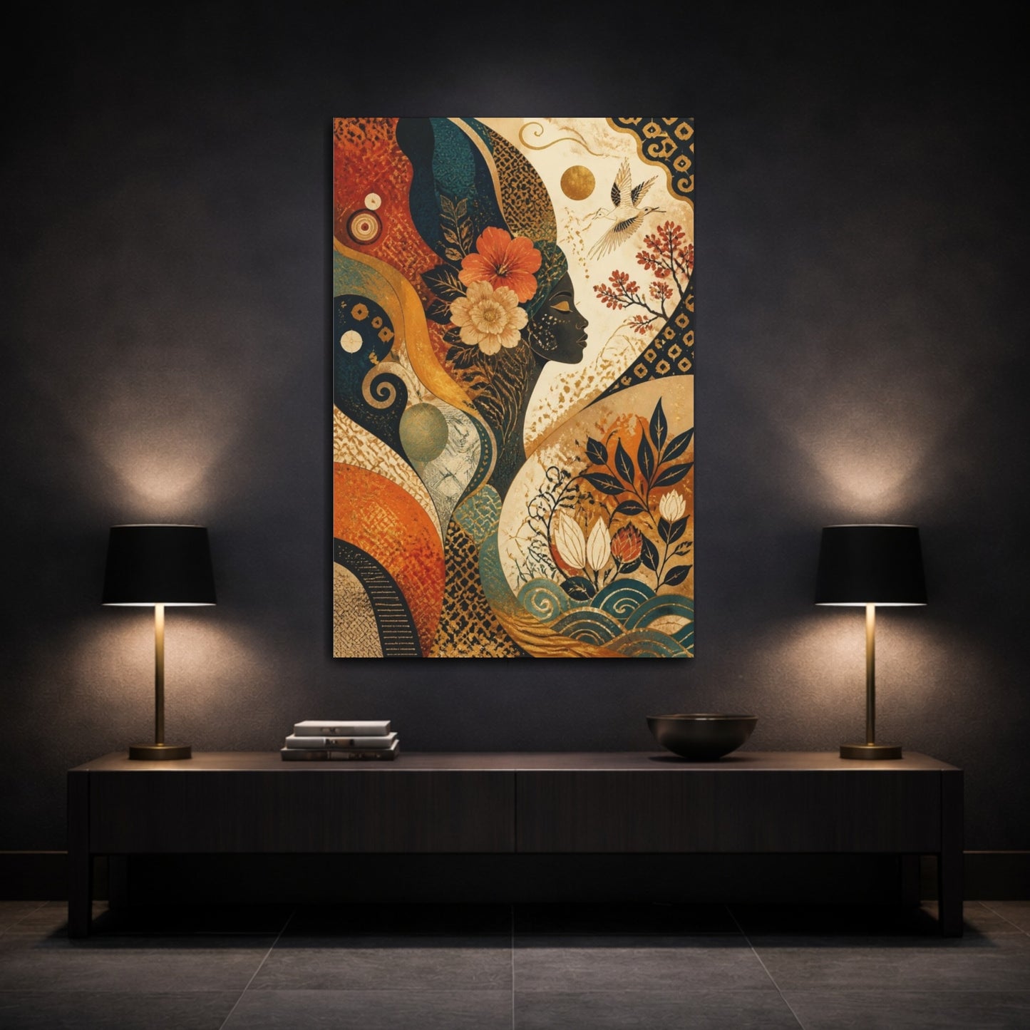 Mockup 3. Abstract Floral Woman Profile shown as canvas print