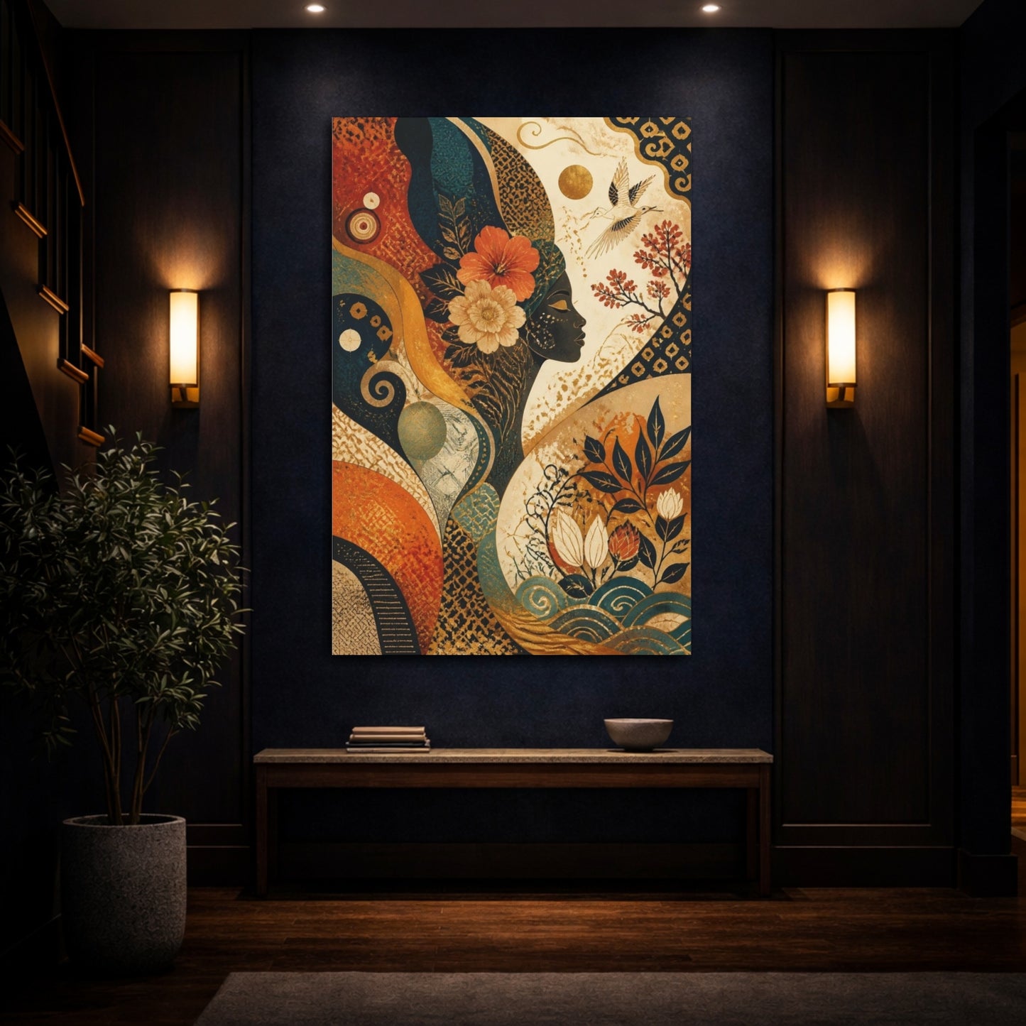Mockup 4. Abstract Floral Woman Profile shown as canvas print